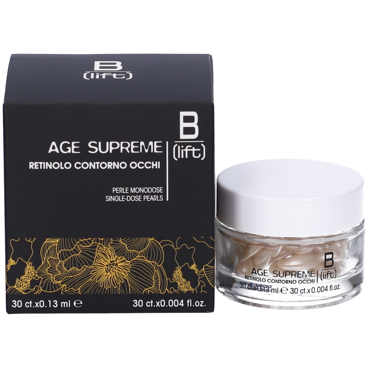 Confezione del prodotto con vasetto in vetro e scatola. Scritta: AGE SUPREME (lift) RETINOLO CONTORNO OCCHI. 30 ct.x0.13 ml e 30 ct.x0.004 fl.oz.