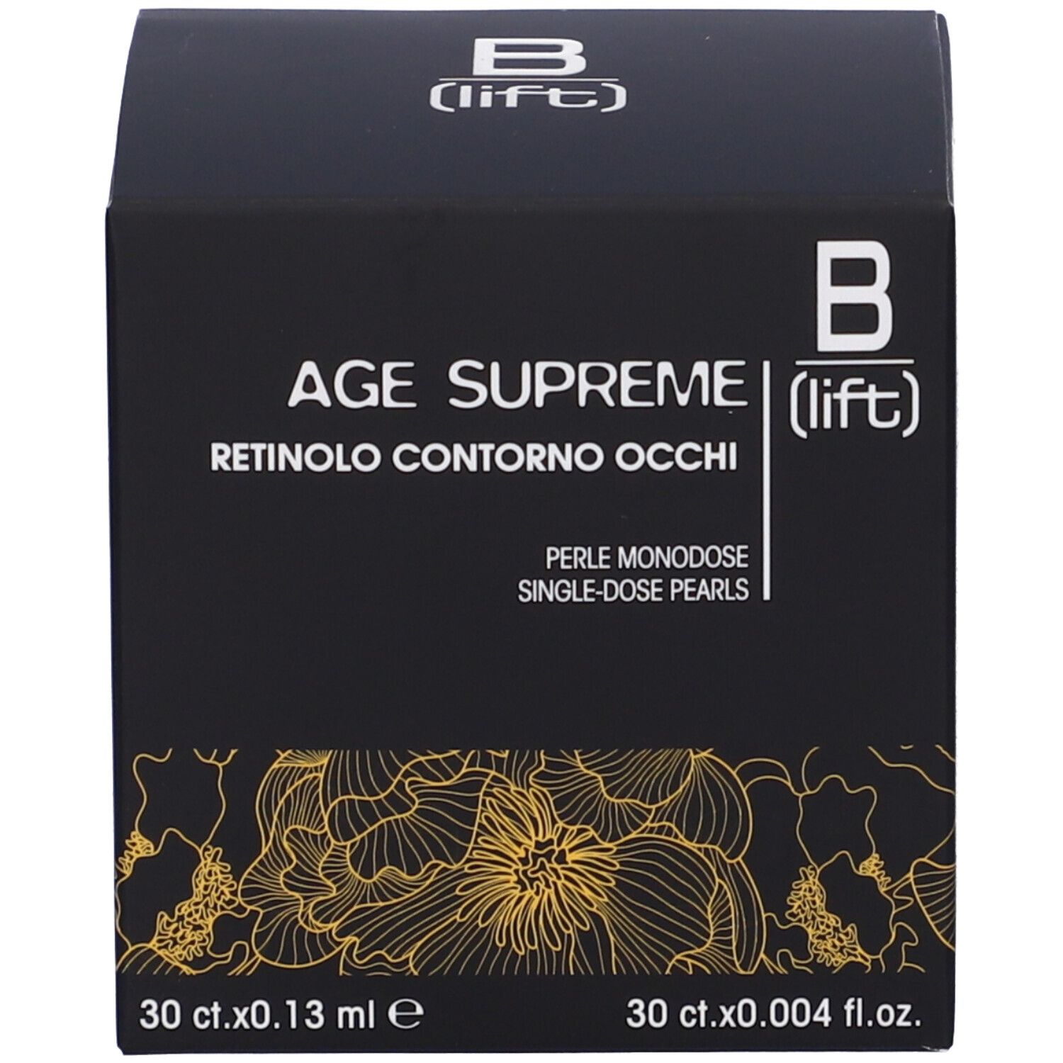 Confezione del prodotto nera. Scritta: AGE SUPREME (lift) RETINOLO CONTORNO OCCHI. 30 ct.x0.13 ml e 30 ct.x0.004 fl.oz.