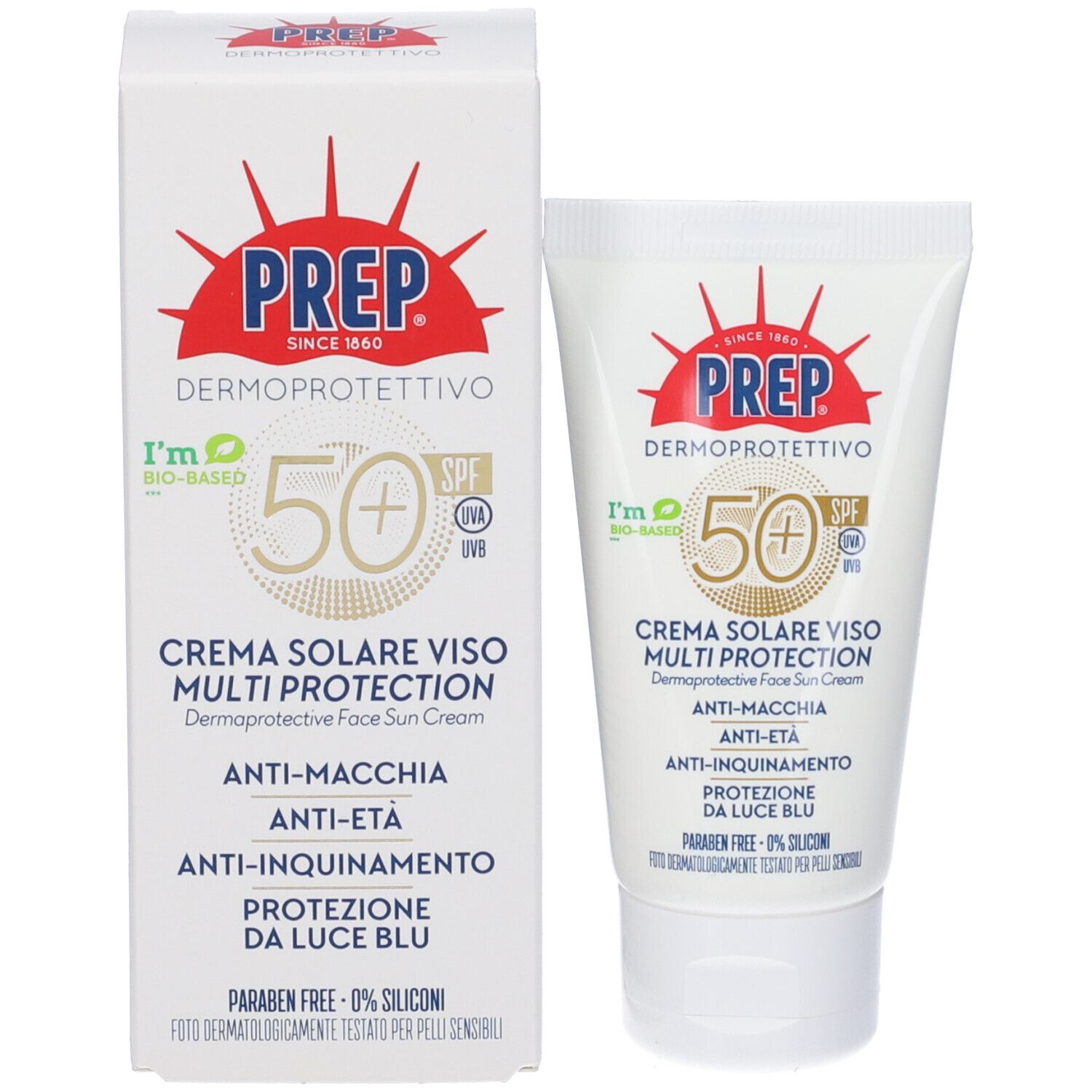 Tubo e scatola PREP Dermoprotettivo Crema Solare Viso Multi Protection SPF50+. Testo e logo. Logo bio verde.
