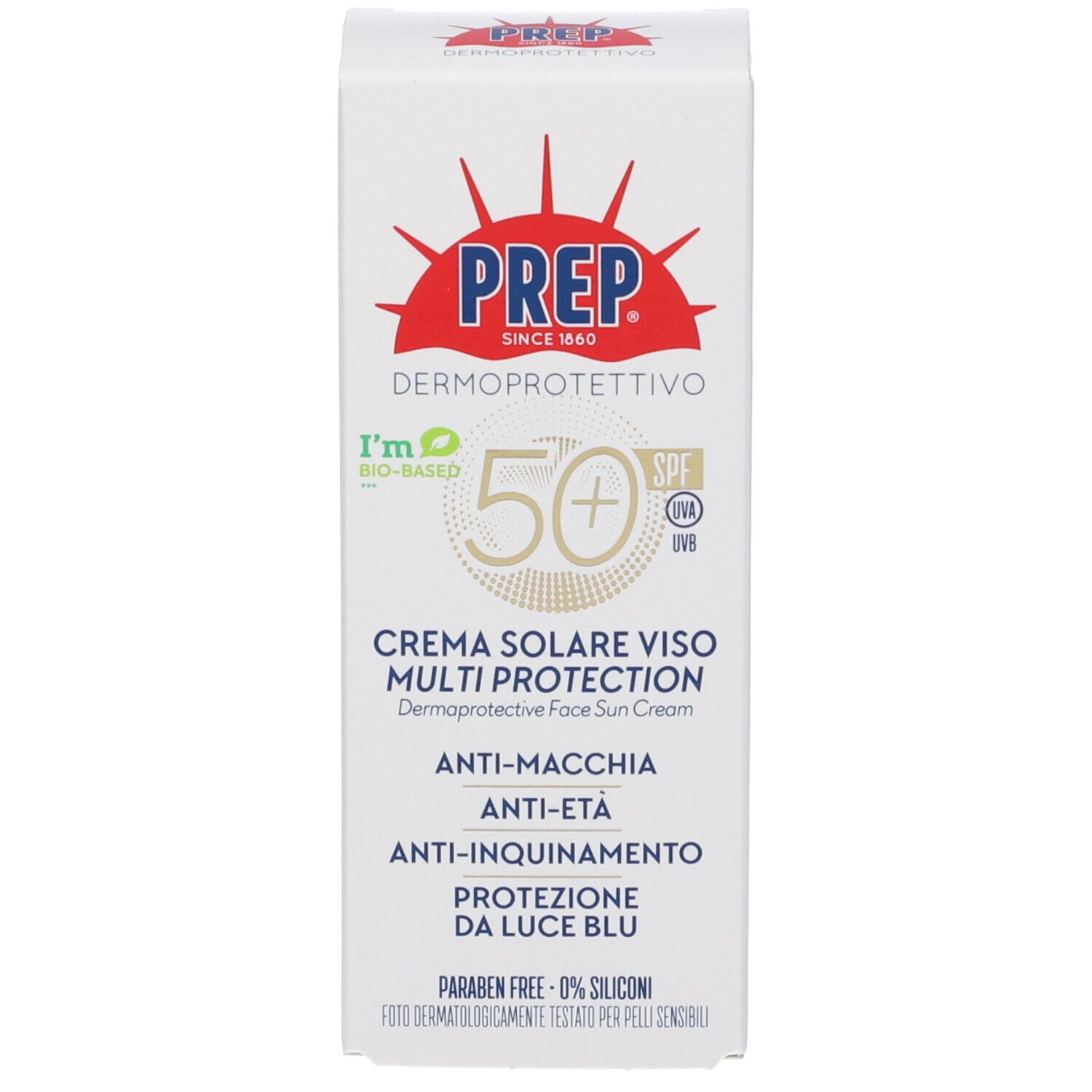 Scatola bianca PREP Dermoprotettivo Crema Solare Viso Multi Protection SPF50+. Testo e logo. Logo bio verde.