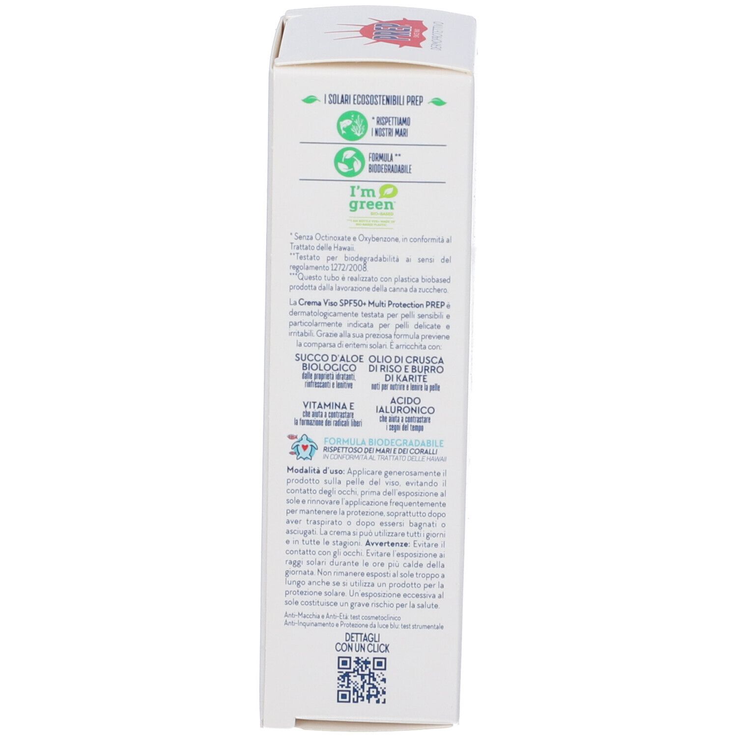 Retro della scatola bianca. Testo in italiano. Loghi e informazioni su ingredienti e certificazioni.