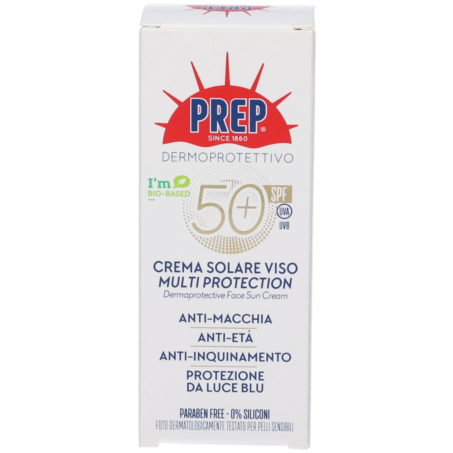 Scatola bianca PREP Dermoprotettivo Crema Solare Viso Multi Protection SPF50+. Testo e logo. Logo bio verde.