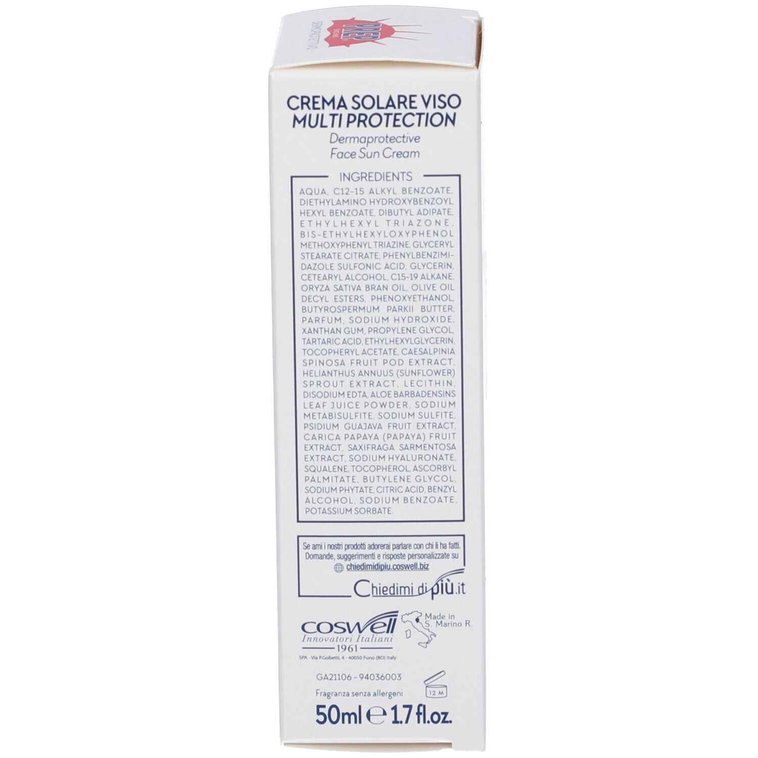 Lato della scatola bianca. Testo in italiano. Ingredienti e informazioni di contatto.