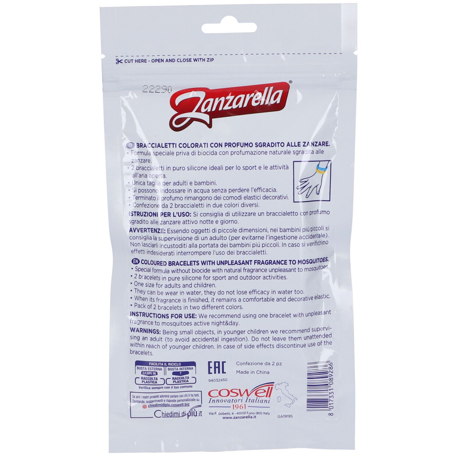 Retro confezione Zanzarella Braccialetti Sport&Fun. Testo in italiano e inglese. Due braccialetti.