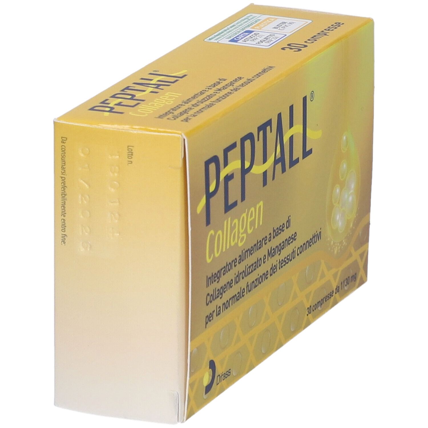 Scatola gialla PEPTALL Collagen. Vista laterale. Contiene 30 compresse. Scritto: Integratore alimentare.