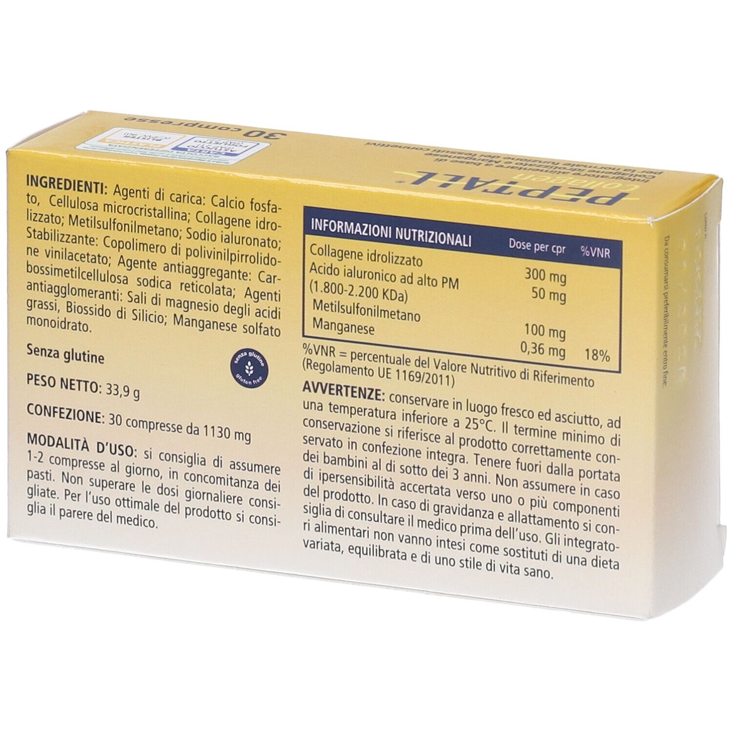 Retro della scatola PEPTALL Collagen. Contiene ingredienti e informazioni nutrizionali. 30 compresse.