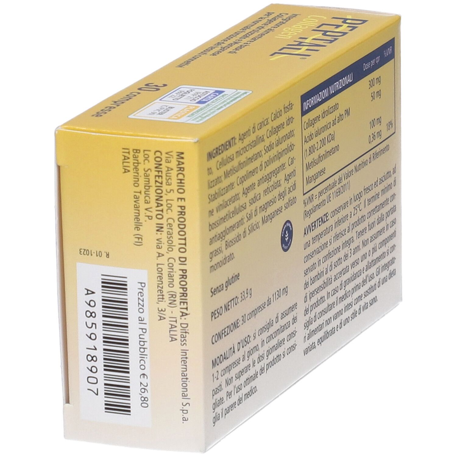 Retro della scatola PEPTALL Collagen. Contiene ingredienti e informazioni nutrizionali. 30 compresse.