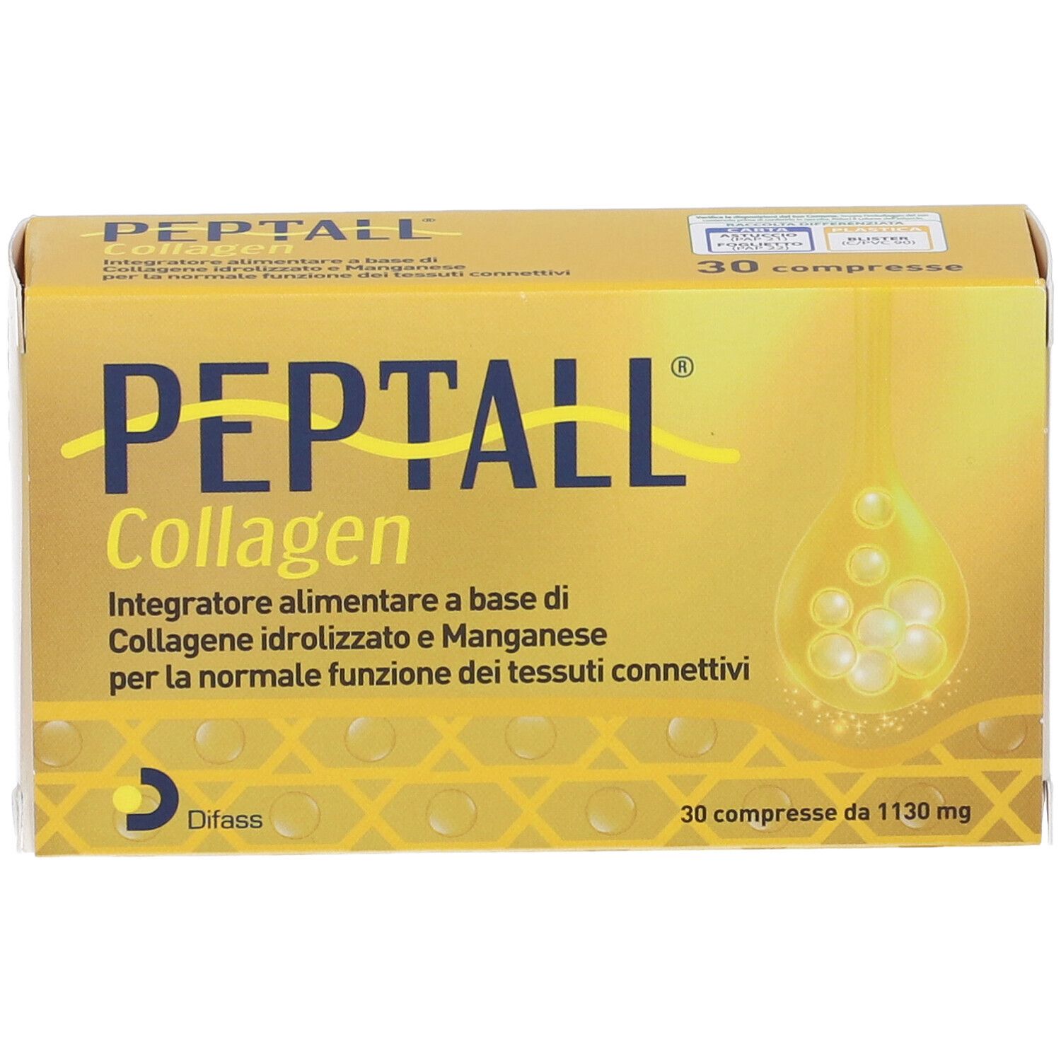 Scatola gialla PEPTALL Collagen. Contiene 30 compresse. Scritto: Integratore alimentare.