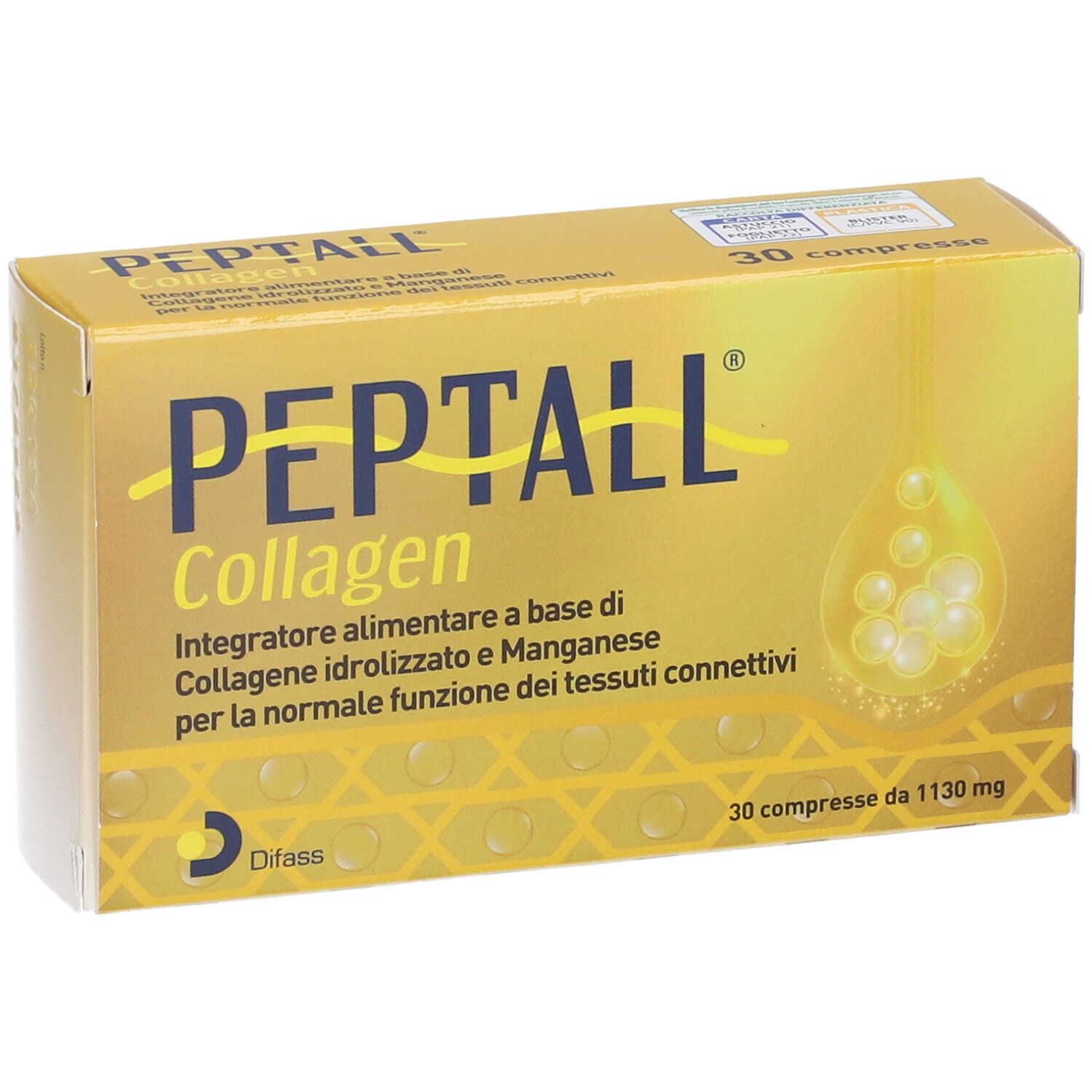 Scatola gialla PEPTALL Collagen. Contiene 30 compresse. Scritto: Integratore alimentare.