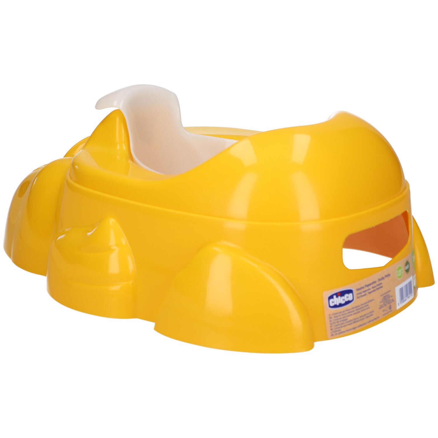Orinatoio giallo per bambini con schienale e paraspruzzi. Marca Chicco.
