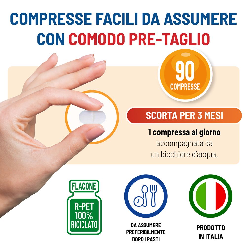 Una mano tiene una compressa. 90 compresse per confezione. Per 3 mesi.