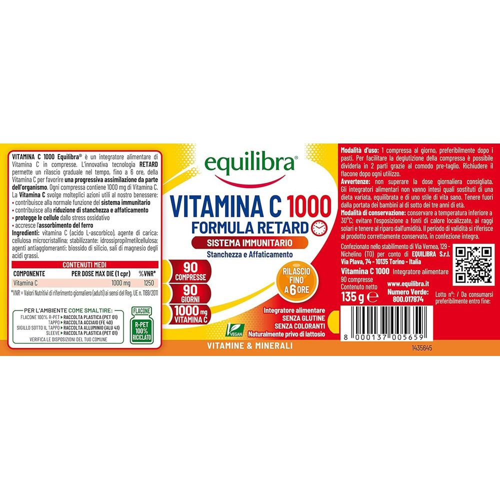Equilibra Vitamina C 1000 Retard compresse per il sistema immunitario, 90 pezzi.