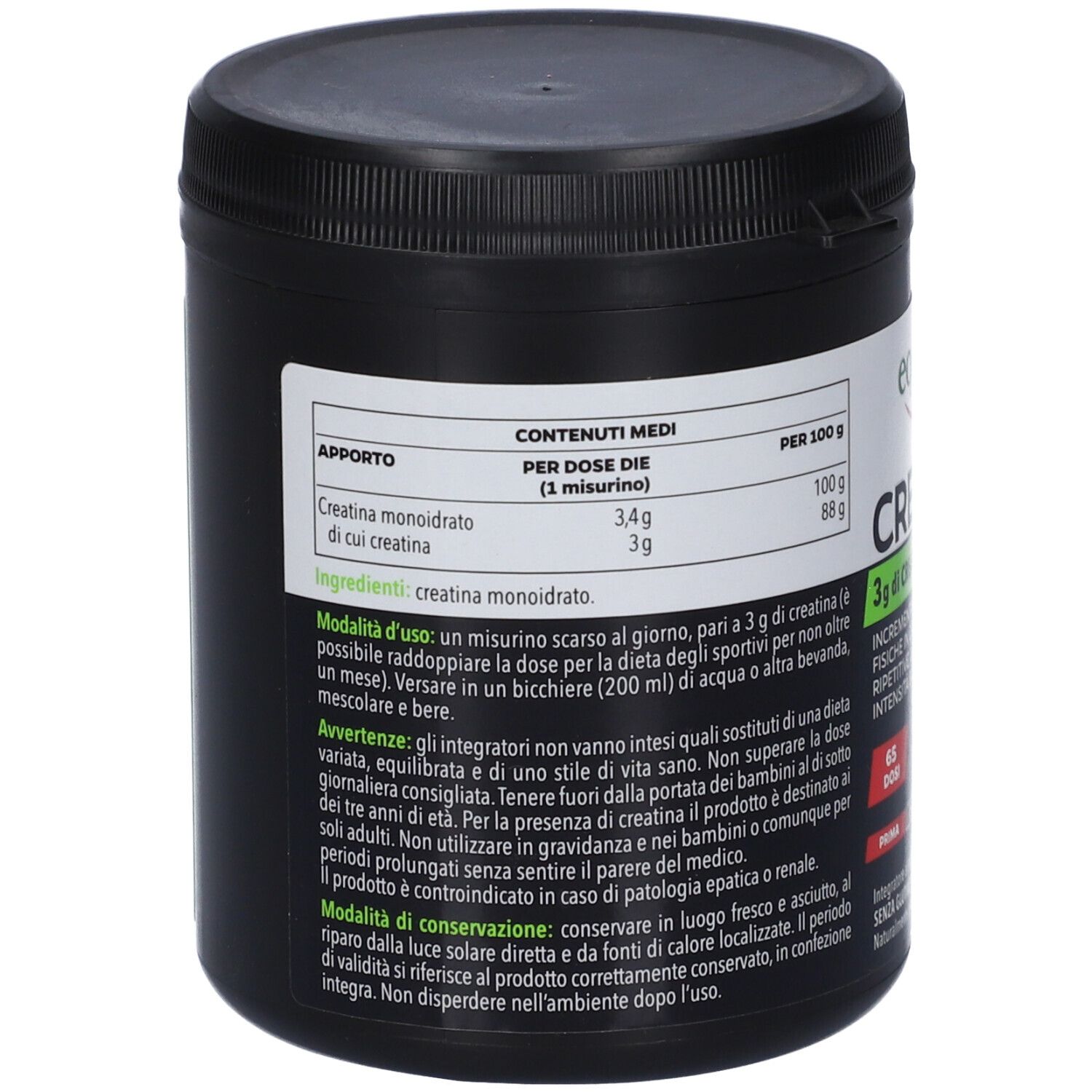 Contenitore nero con polvere di creatina monoidrato. Contiene 100g di polvere, consigliato per sportivi.