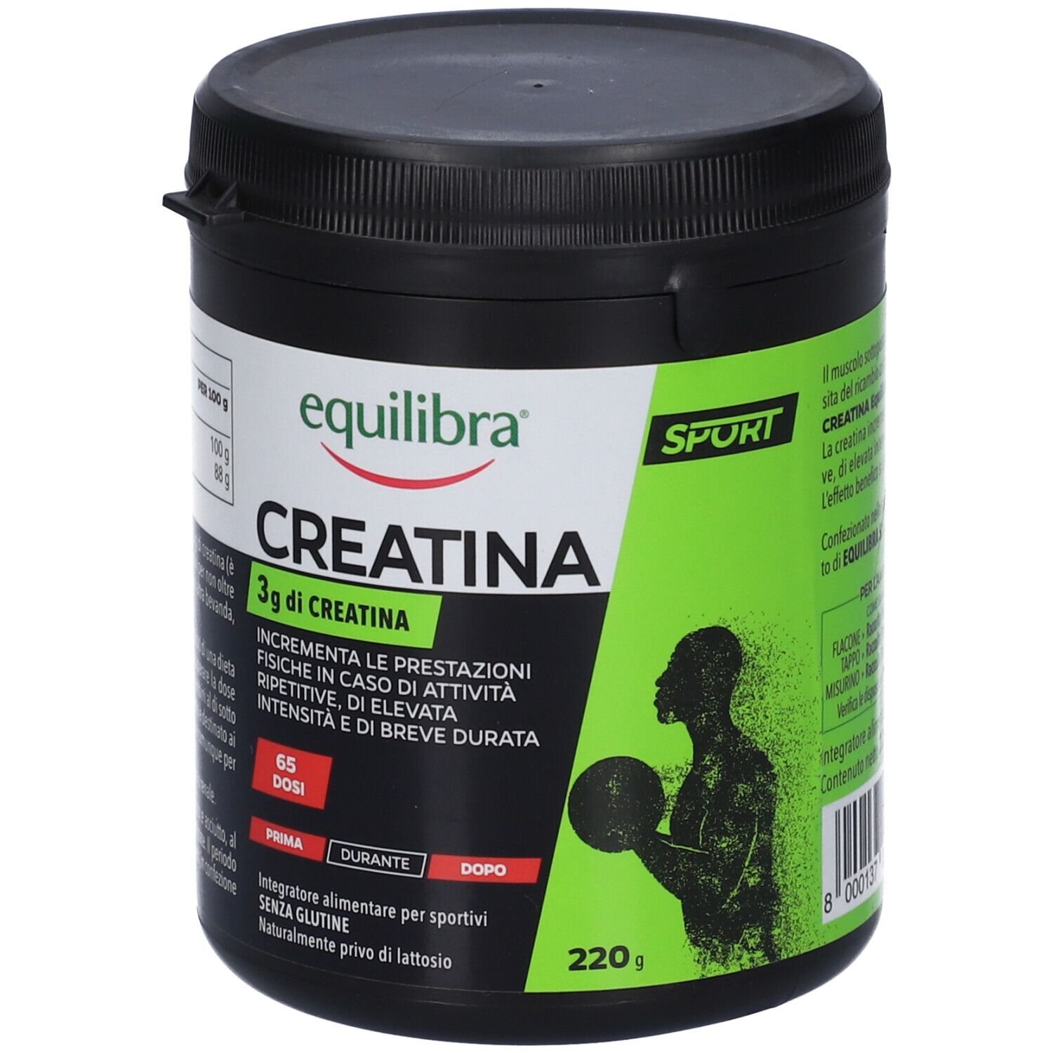 Contenitore nero con scritta "equilibra CREATINA SPORT", 220g.