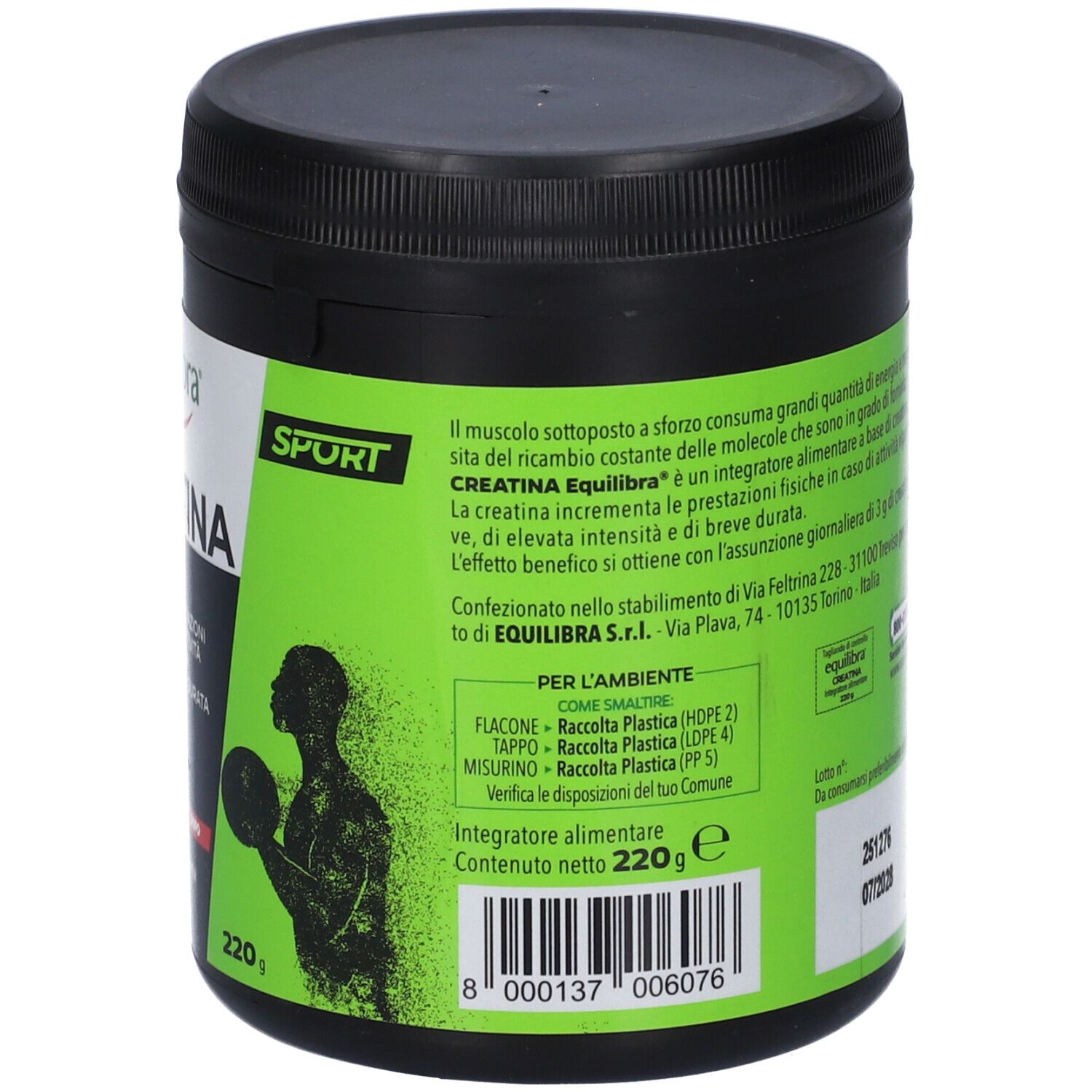 Barattolo Equilibra Creatina Sport. Contenitore nero con etichetta verde che mostra informazioni nutrizionali e una silhouette.