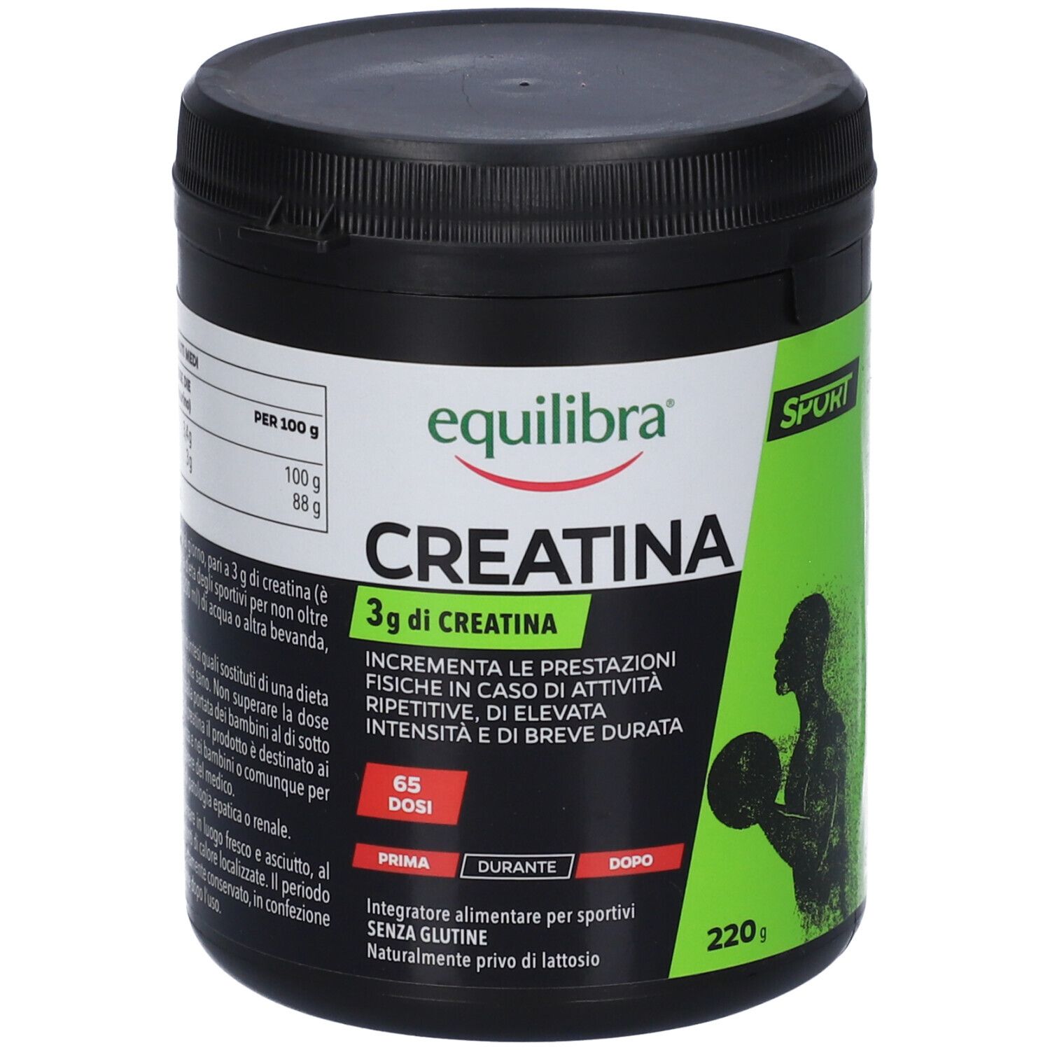 Contenitore nero con polvere Equilibra Creatina.