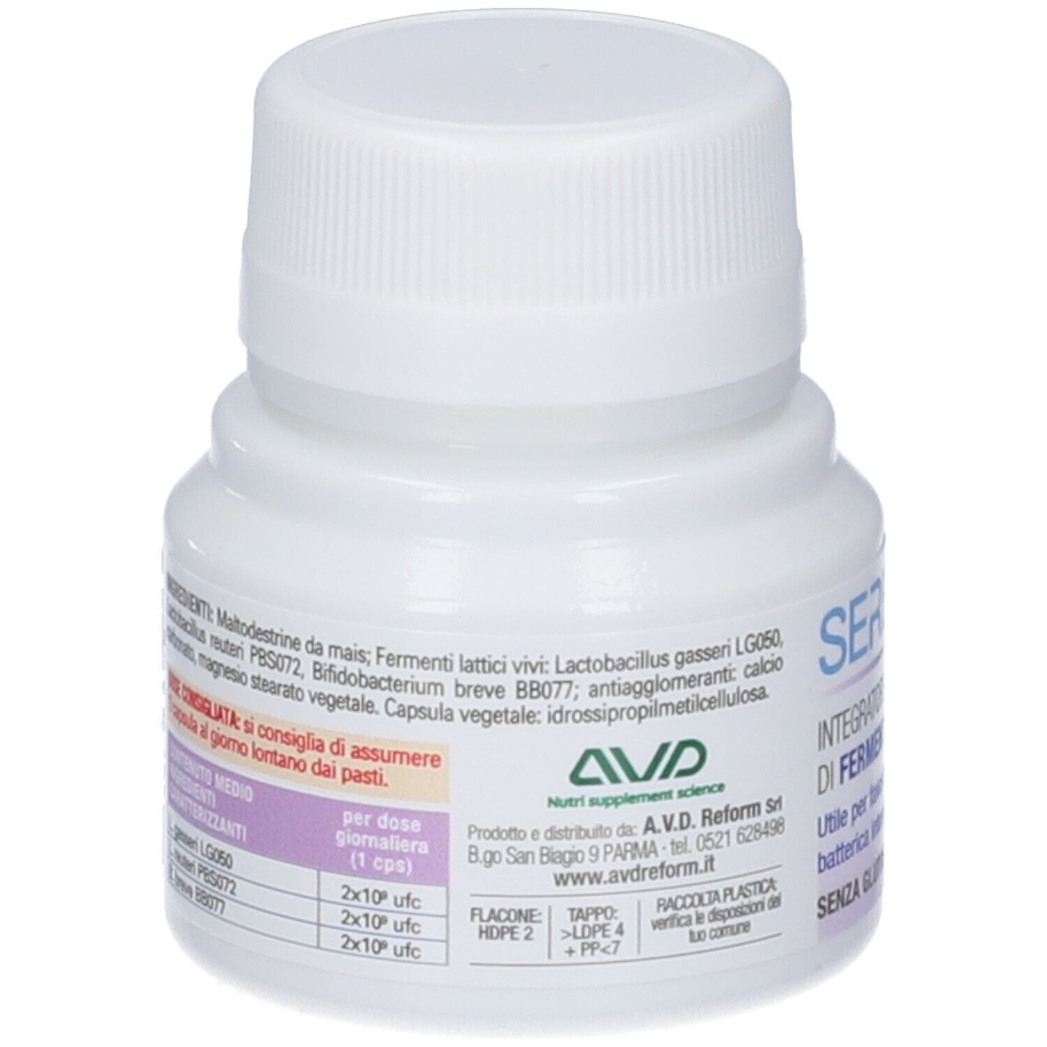 Flacone bianco con tappo a vite. Retro con ingredienti e istruzioni per il dosaggio. Marchio: AVD Nutri supplement science.