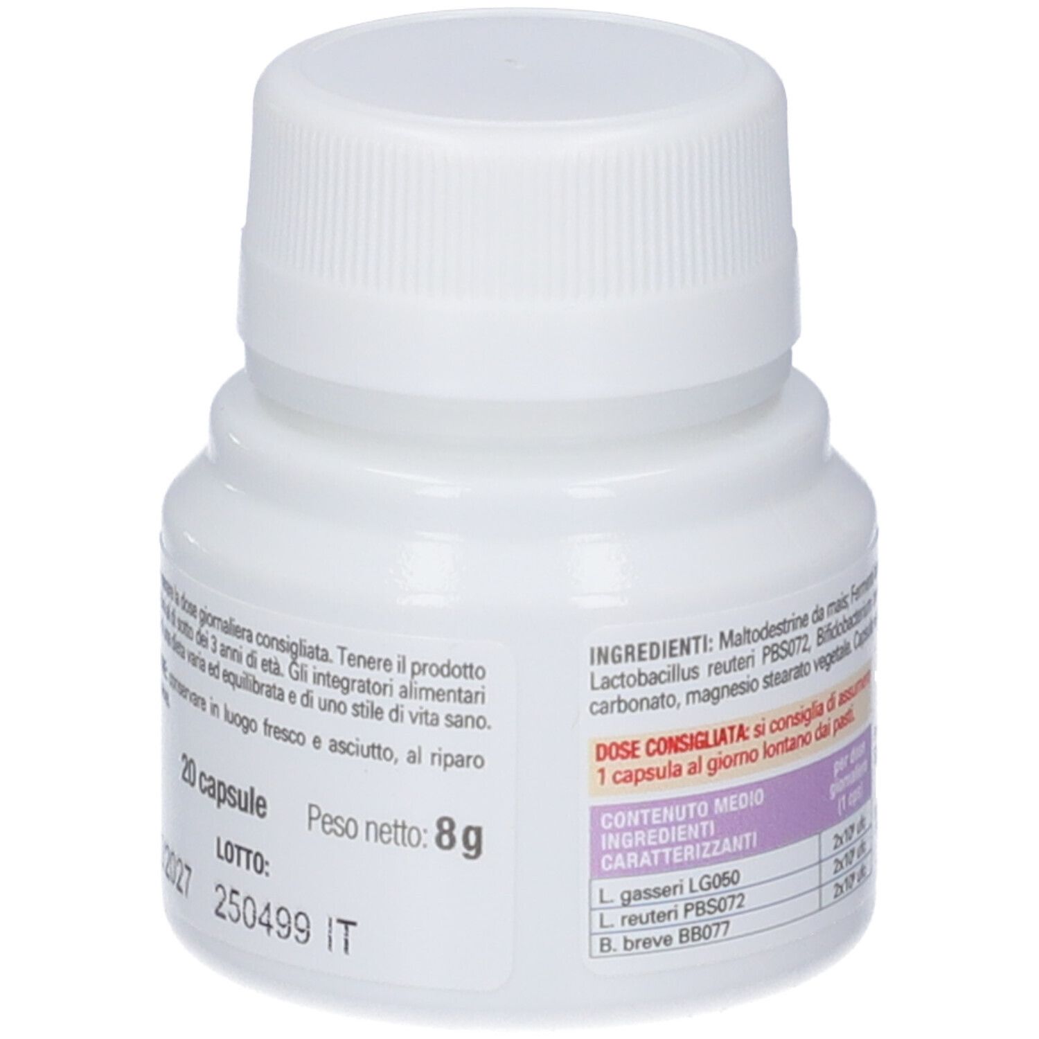 Flacone bianco con tappo a vite. Scritta: Serebiotin, 20 capsule, peso 8g. Marchio: AVD Nutri supplement science.