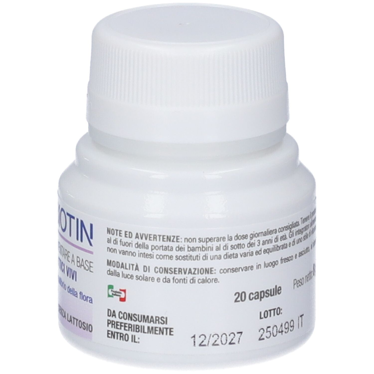 Flacone bianco con tappo a vite. Scritta: Serebiotin, 20 capsule. Scadenza 12/2027. Marchio: AVD Nutri supplement science.