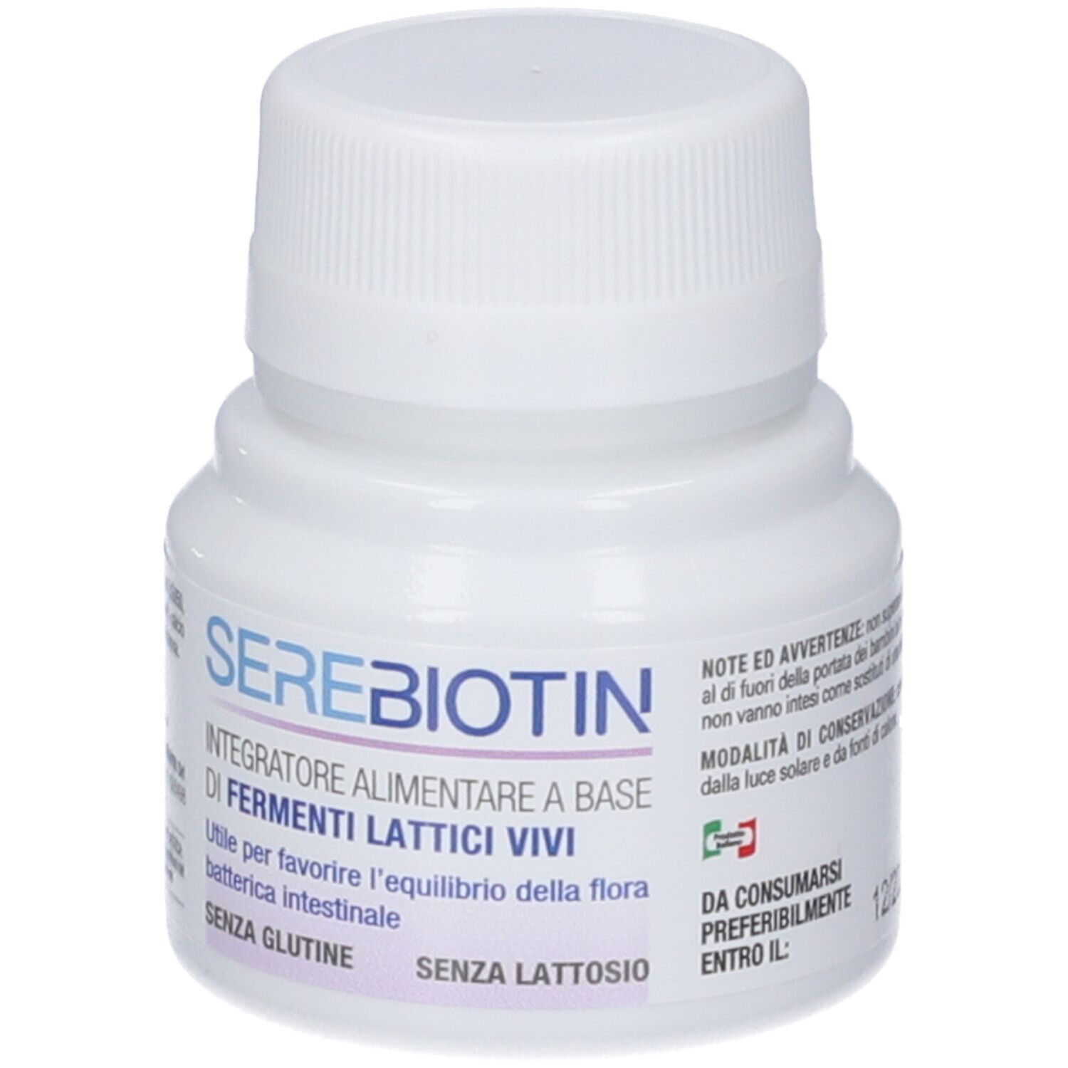 Flacone bianco con tappo a vite. Scritta: Serebiotin, integratore alimentare a base di fermenti lattici vivi. Senza glutine, senza lattosio.
