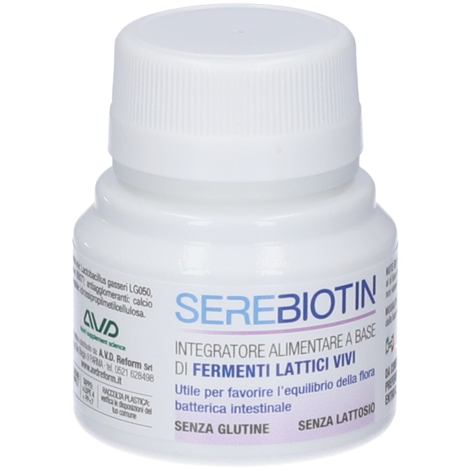Flacone bianco con tappo a vite. Scritta: Serebiotin, integratore alimentare a base di fermenti lattici vivi. Marchio: AVD.