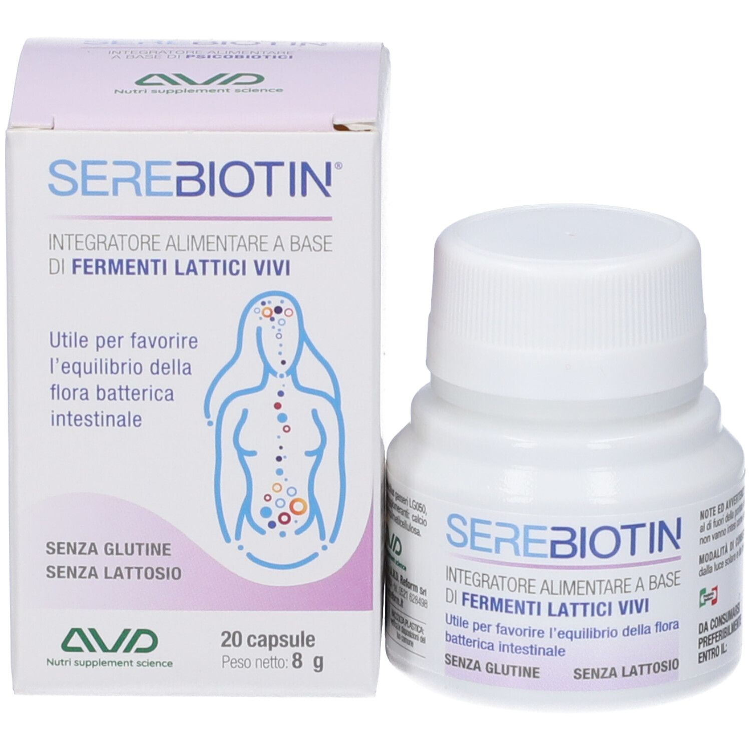 Confezione e flacone. Confezione: Serebiotin, 20 capsule, 8g. Flacone: Serebiotin. Marchio: AVD.