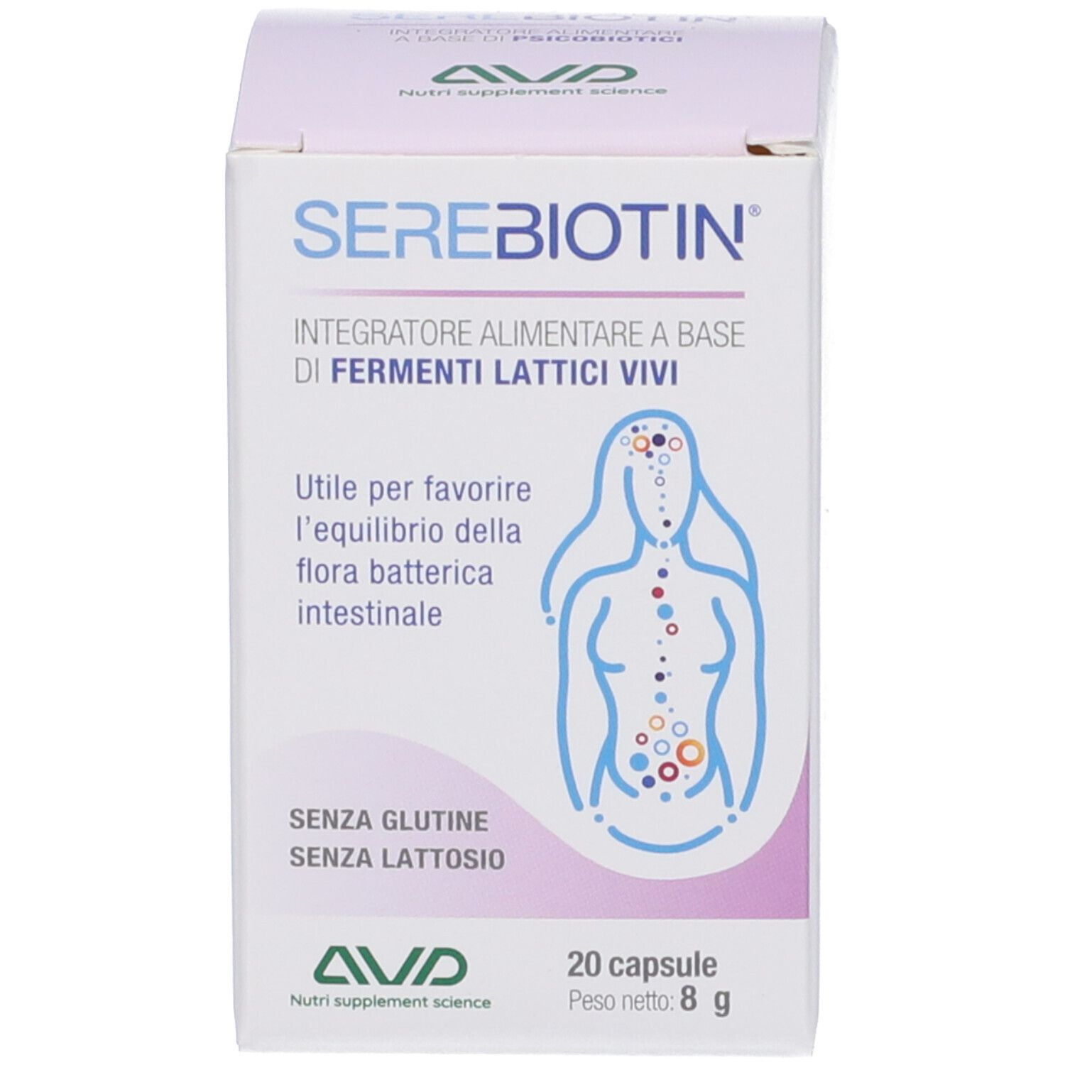 Confezione del prodotto. Scritta: Serebiotin, 20 capsule, 8g. Marchio: AVD Nutri supplement science.