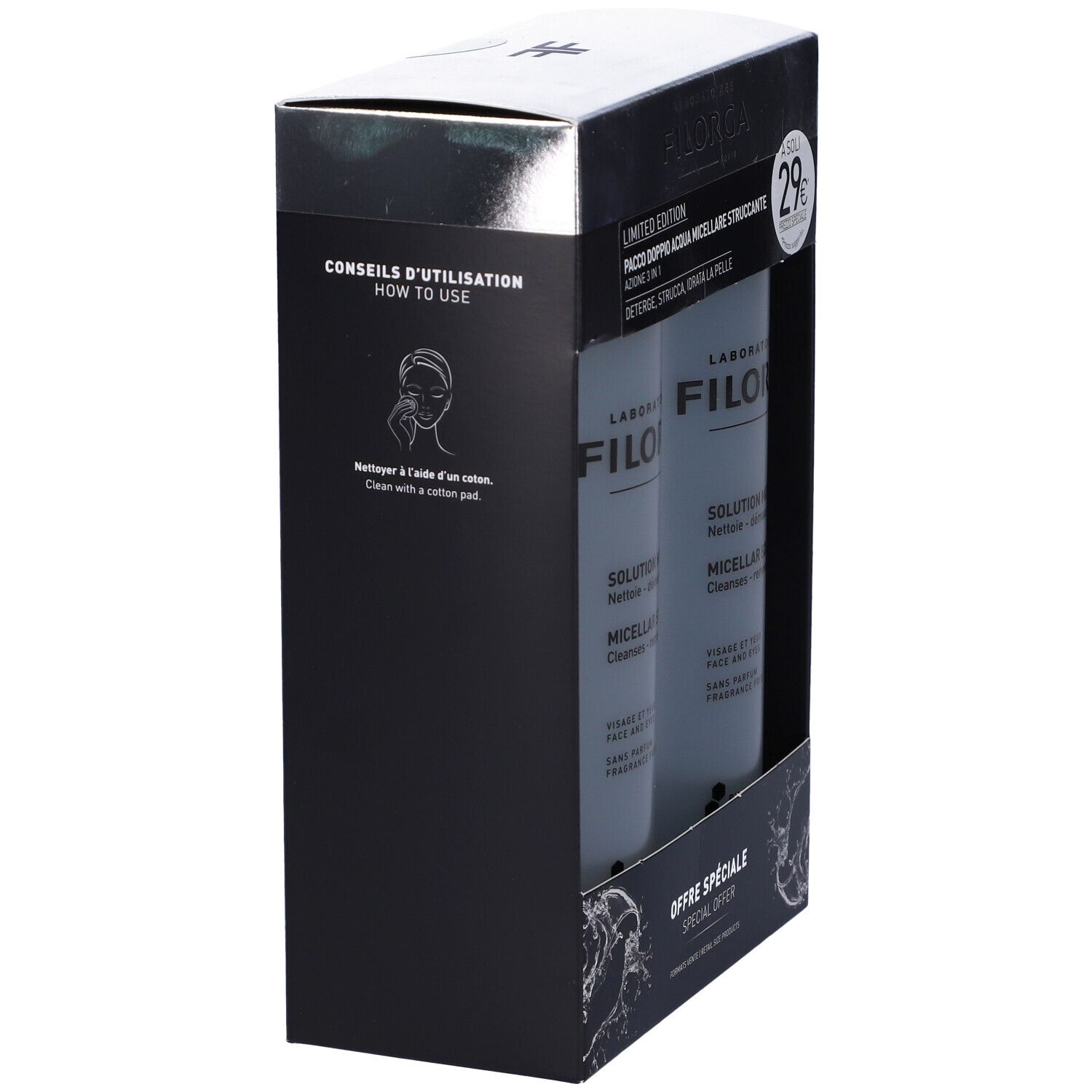 Confezione regalo nera con due flaconi. Scritta: FILORGA. Testo: Consigli d'uso. Illustrazione: viso con dischetto di cotone.
