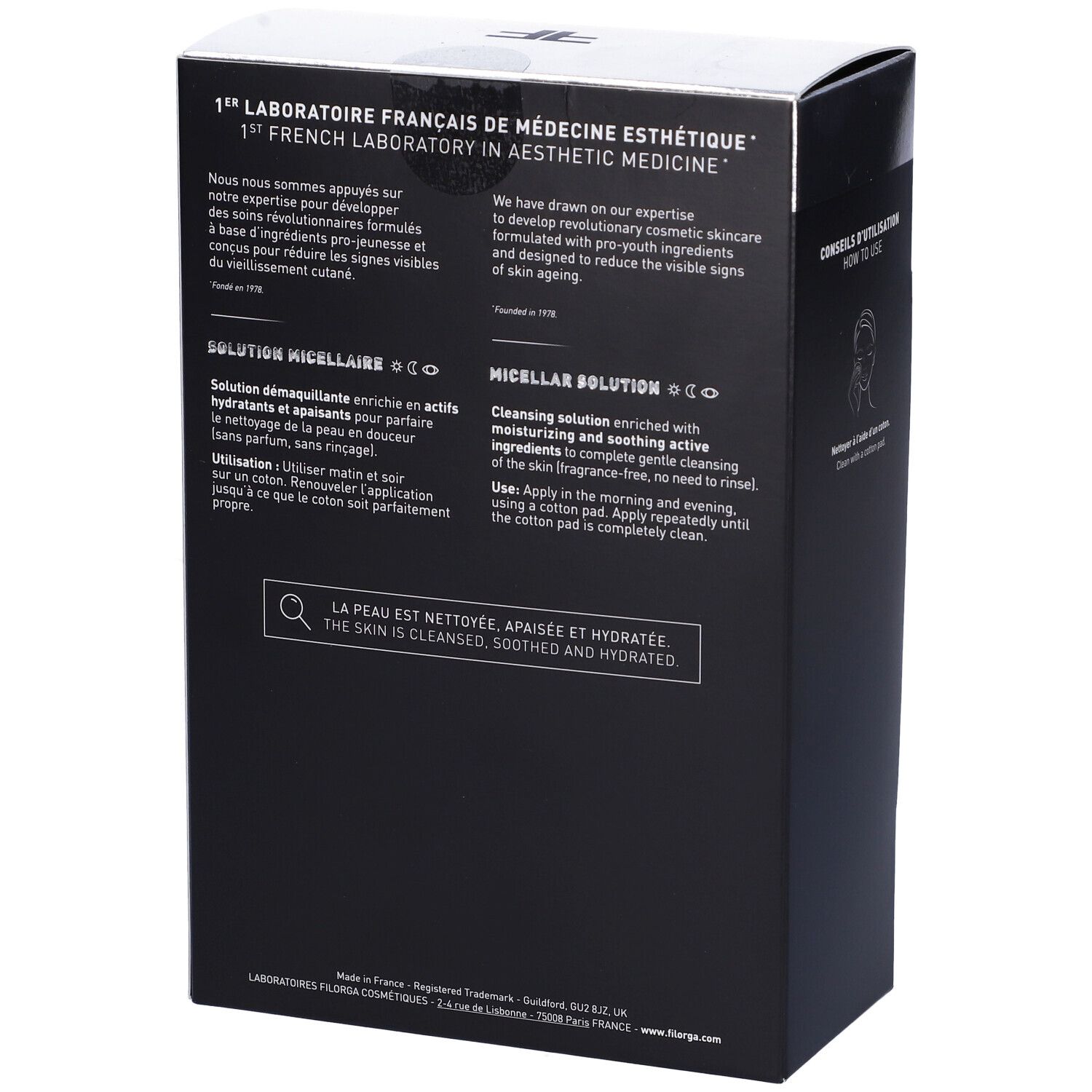 Scatola nera con testo. Scritta: 1er Laboratoire Français de Médecine Esthétique. Testo: SOLUTION MICELLAIRE. Istruzioni per l'uso.