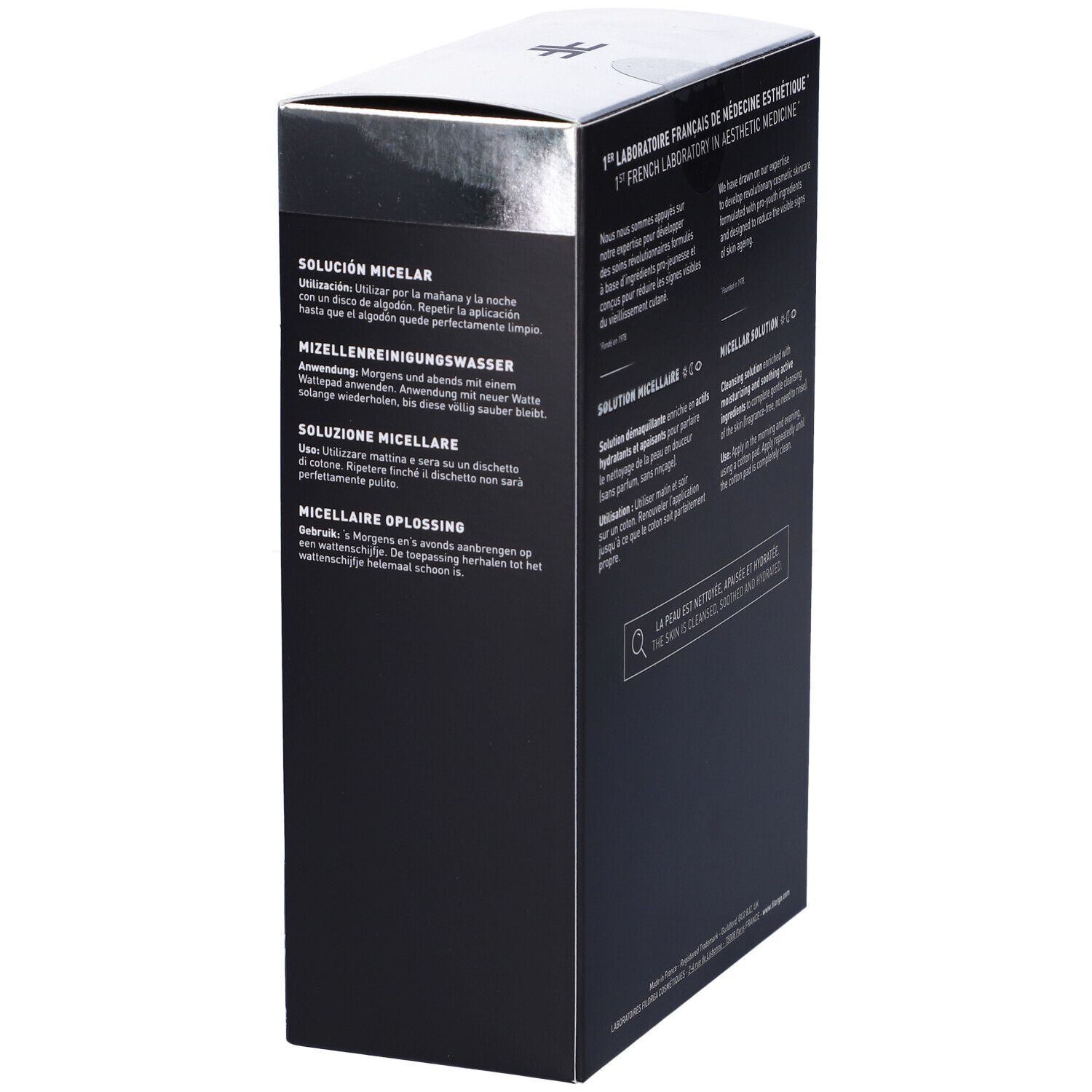 Scatola nera con testo. Scritta: 1er Laboratoire Français de Médecine Esthétique. Testo: SOLUTION MICELLAIRE. Istruzioni per l'uso.