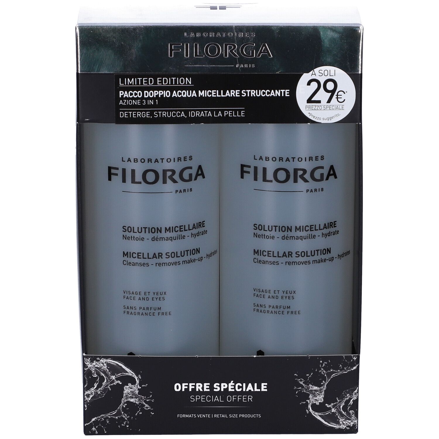 Confezione regalo con due flaconi. Scritta: FILORGA, SOLUTION MICELLAIRE. Testo: Deterge, strucca, idrata. Etichetta prezzo: 29€.