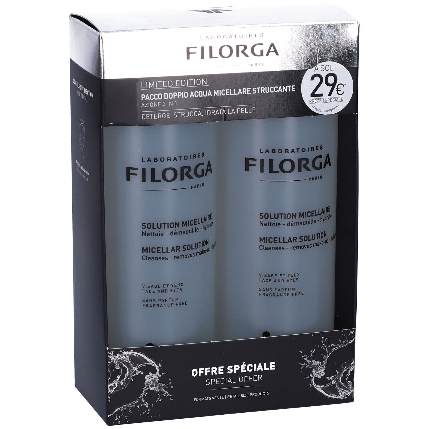 Confezione regalo con due flaconi. Scritta: FILORGA, SOLUTION MICELLAIRE. Testo: Deterge, strucca, idrata. Etichetta prezzo: 29€.