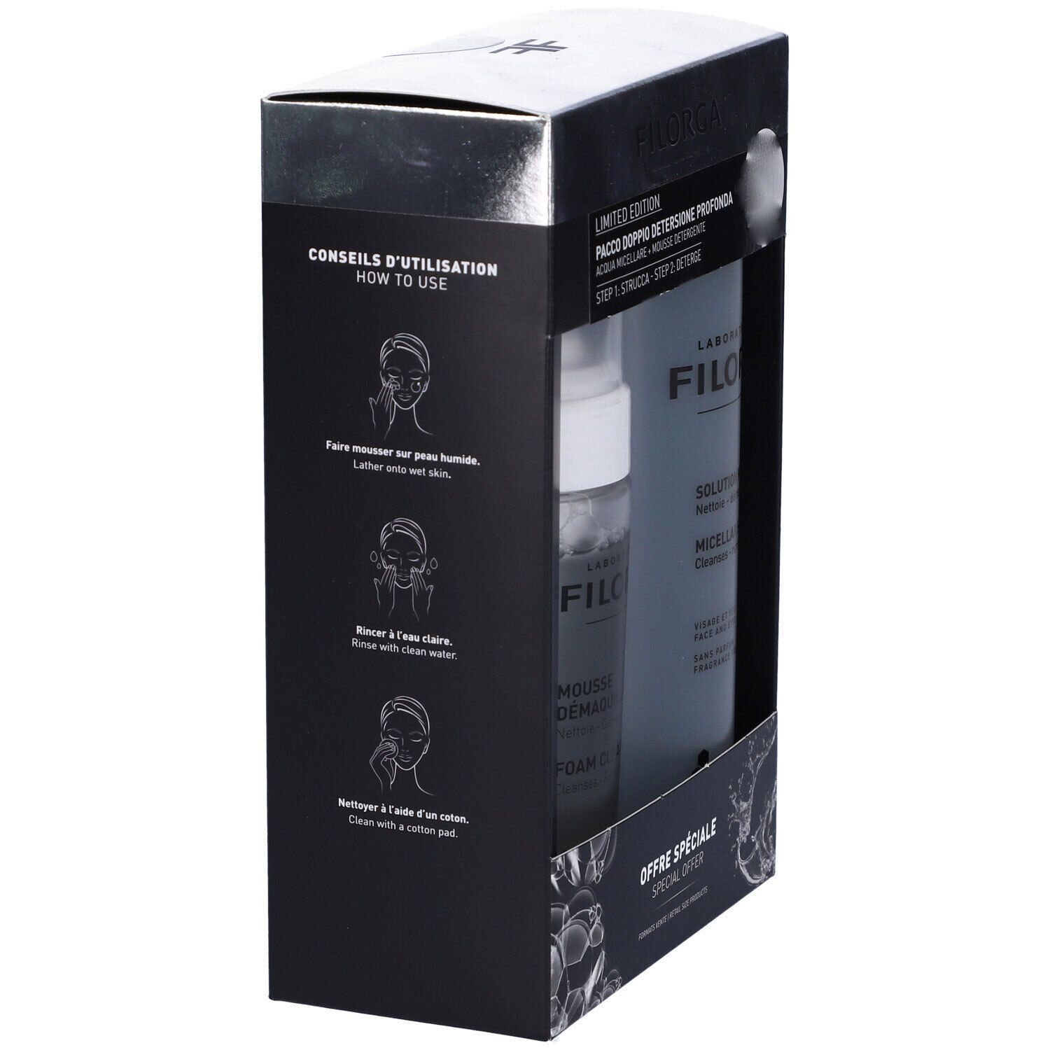 Vista laterale del set Filorga Duo Cleansers. Scatola nera con due flaconi. Contiene istruzioni e informazioni sul prodotto. Accenti argento.