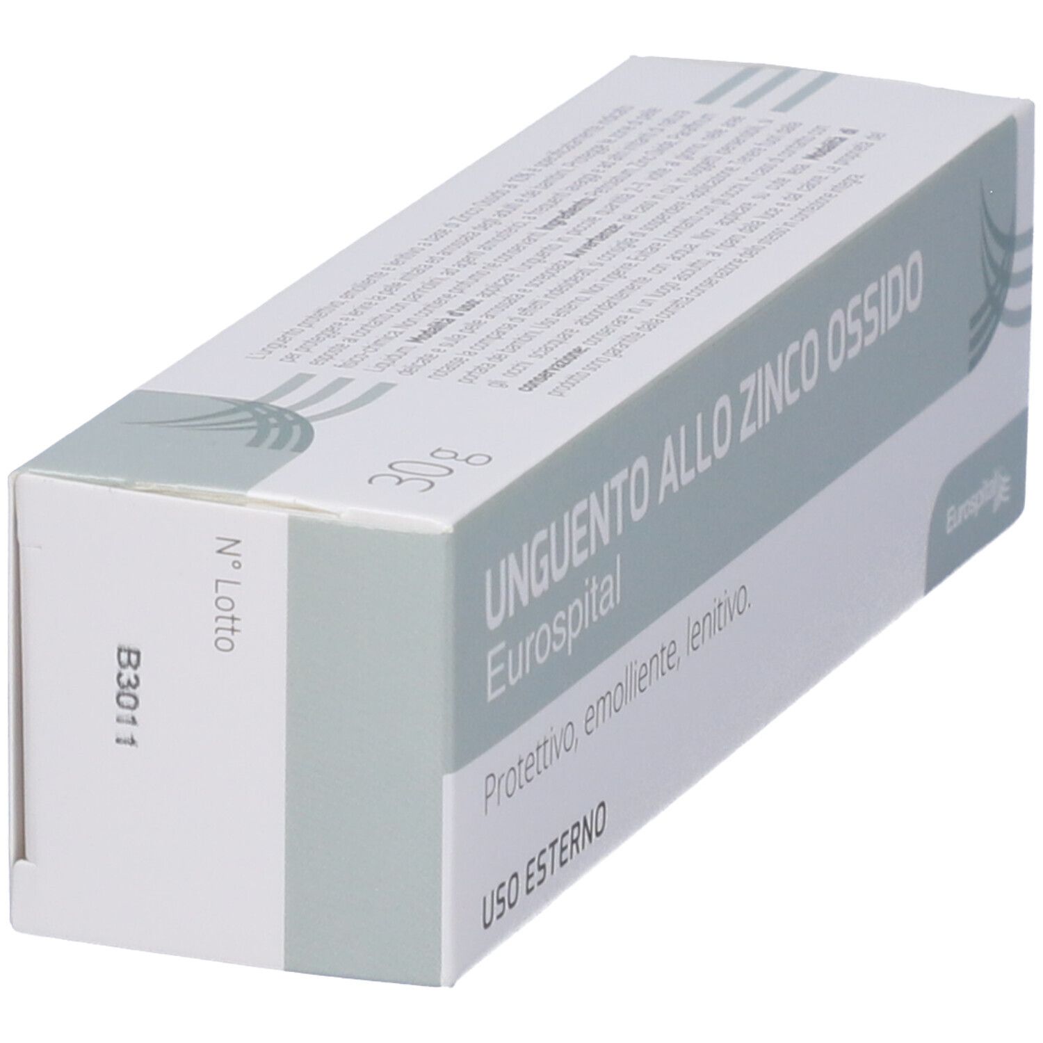 Scatola con nome prodotto: Unguento allo Zinco Ossido. Marchio Eurospital. Testo: Protettivo, emolliente, lenitivo. Scritto: USO ESTERNO. Con numero di lotto.