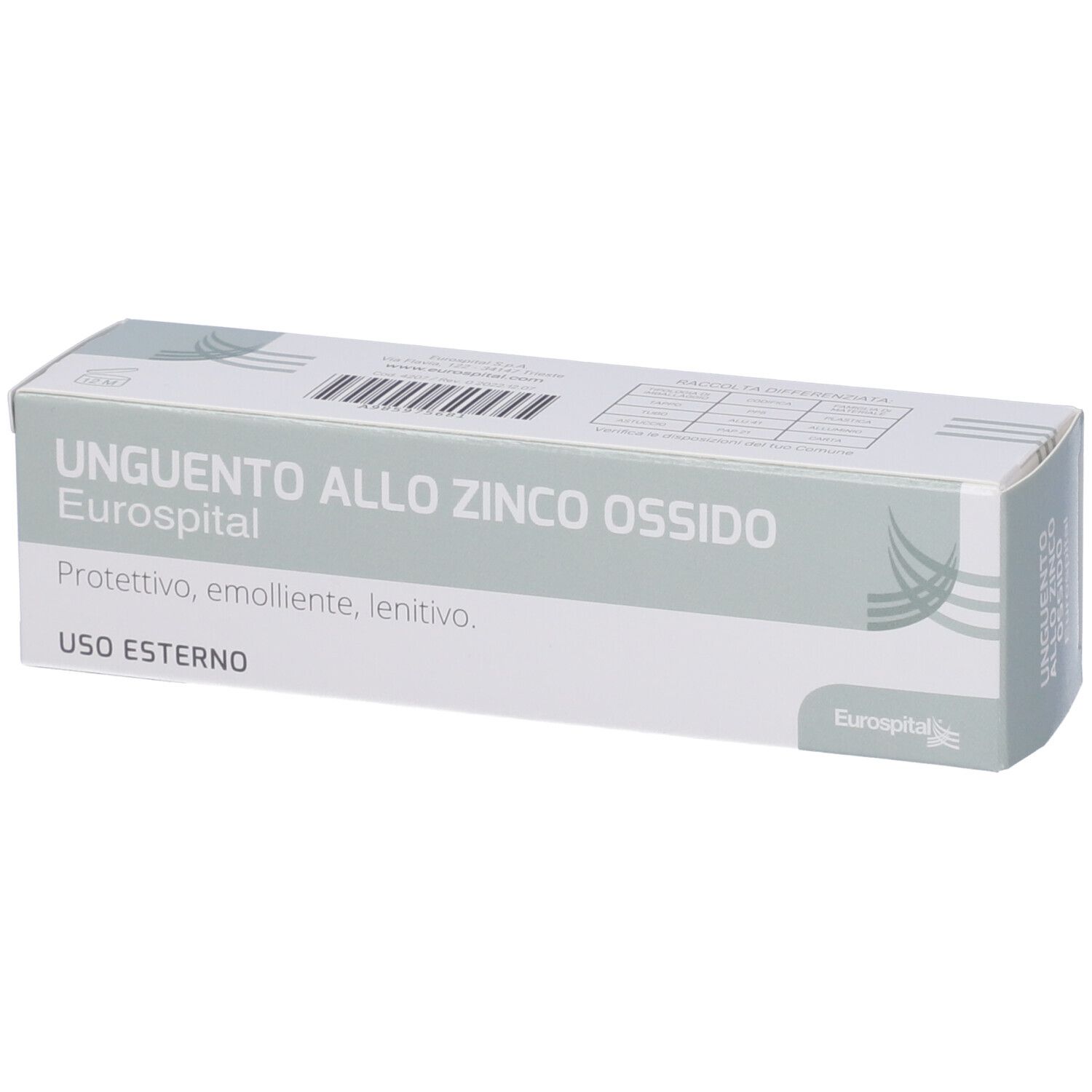 Scatola con nome prodotto: Unguento allo Zinco Ossido. Marchio Eurospital. Testo: Protettivo, emolliente, lenitivo. Scritto: USO ESTERNO.