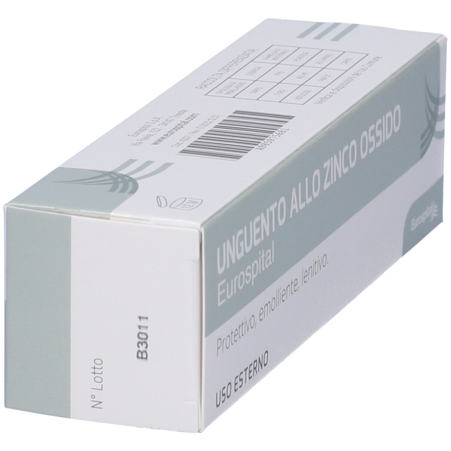 Scatola con nome prodotto: Unguento allo Zinco Ossido. Marchio Eurospital. Testo: Protettivo, emolliente, lenitivo. Scritto: USO ESTERNO. Con numero di lotto.