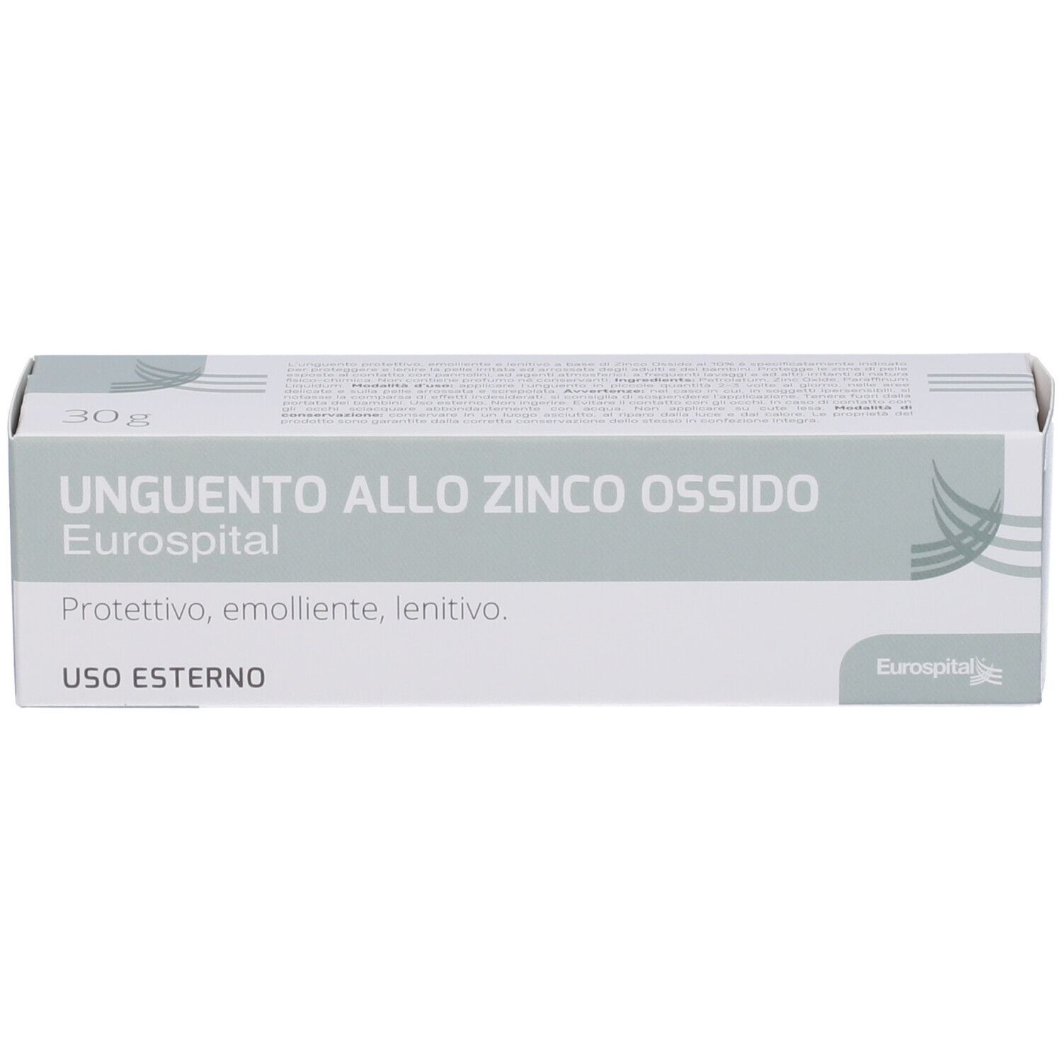 Scatola con nome prodotto: Unguento allo Zinco Ossido. Marchio Eurospital. Testo: Protettivo, emolliente, lenitivo. Scritto: USO ESTERNO.