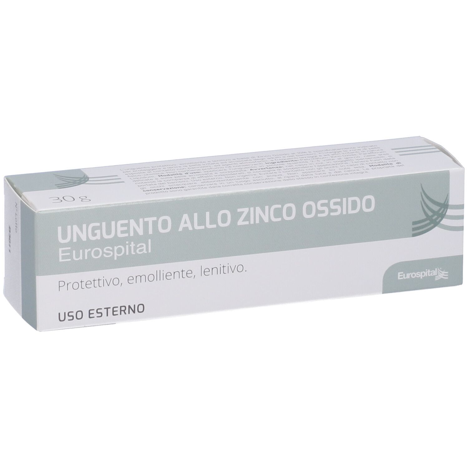 Scatola con nome prodotto: Unguento allo Zinco Ossido. Marchio Eurospital. Testo: Protettivo, emolliente, lenitivo. Scritto: USO ESTERNO.