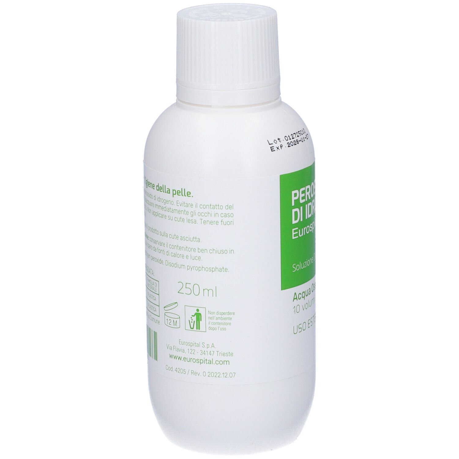 Flacone bianco, vista laterale. Etichetta verde con testo. Scritta: Perossido di Idrogeno, Eurospital. Testo in italiano.