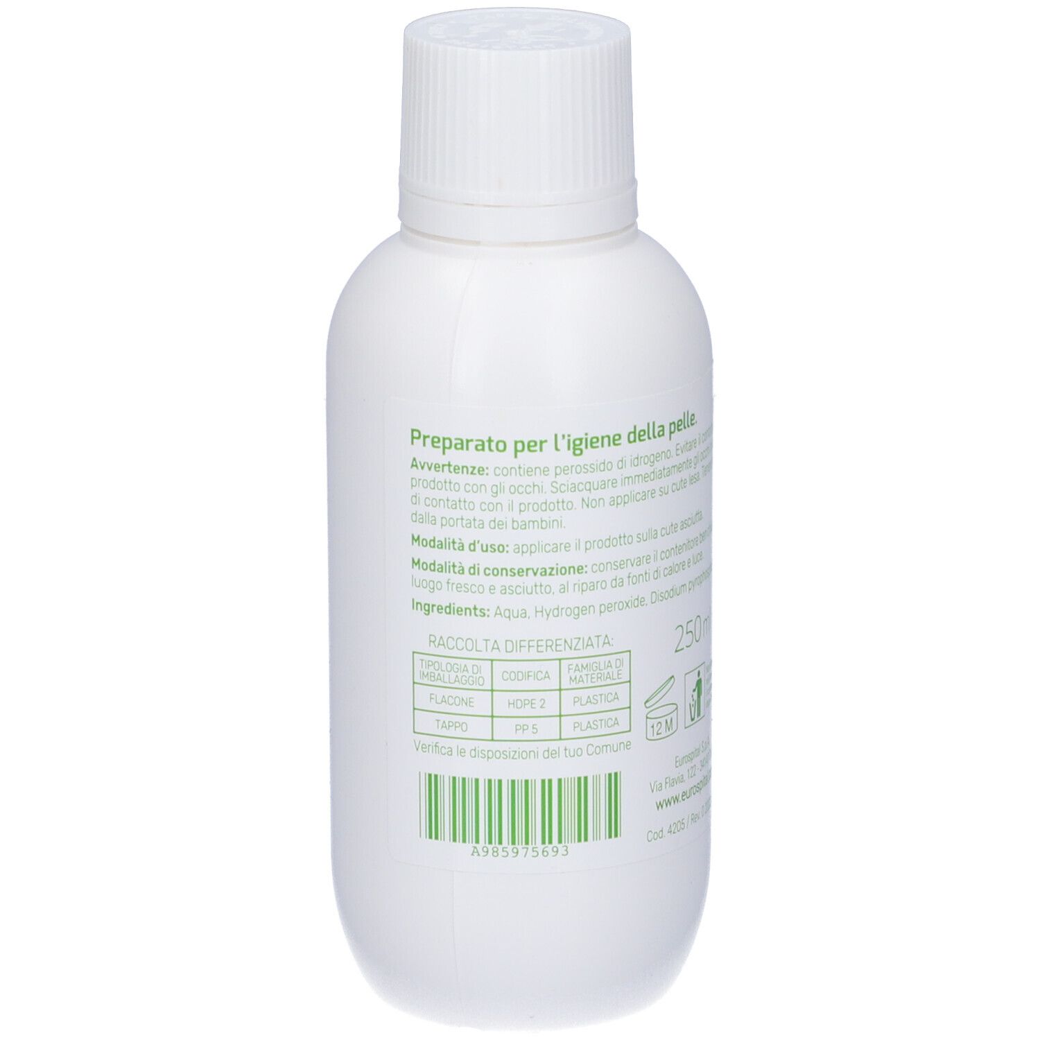 Flacone bianco, retro. Testo in italiano. Codice a barre verde. Scritta: Preparato per l'igiene della pelle.