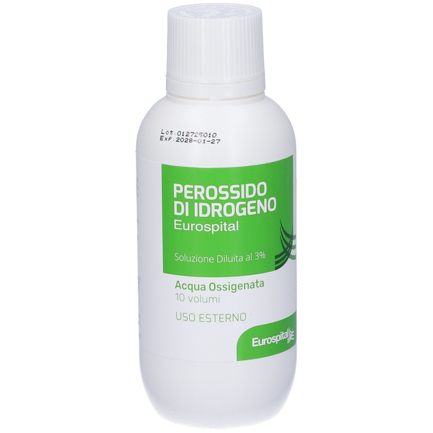 Flacone bianco con etichetta verde. Scritta: Perossido di Idrogeno, Eurospital, Acqua Ossigenata 10 volumi. Tappo in alto.