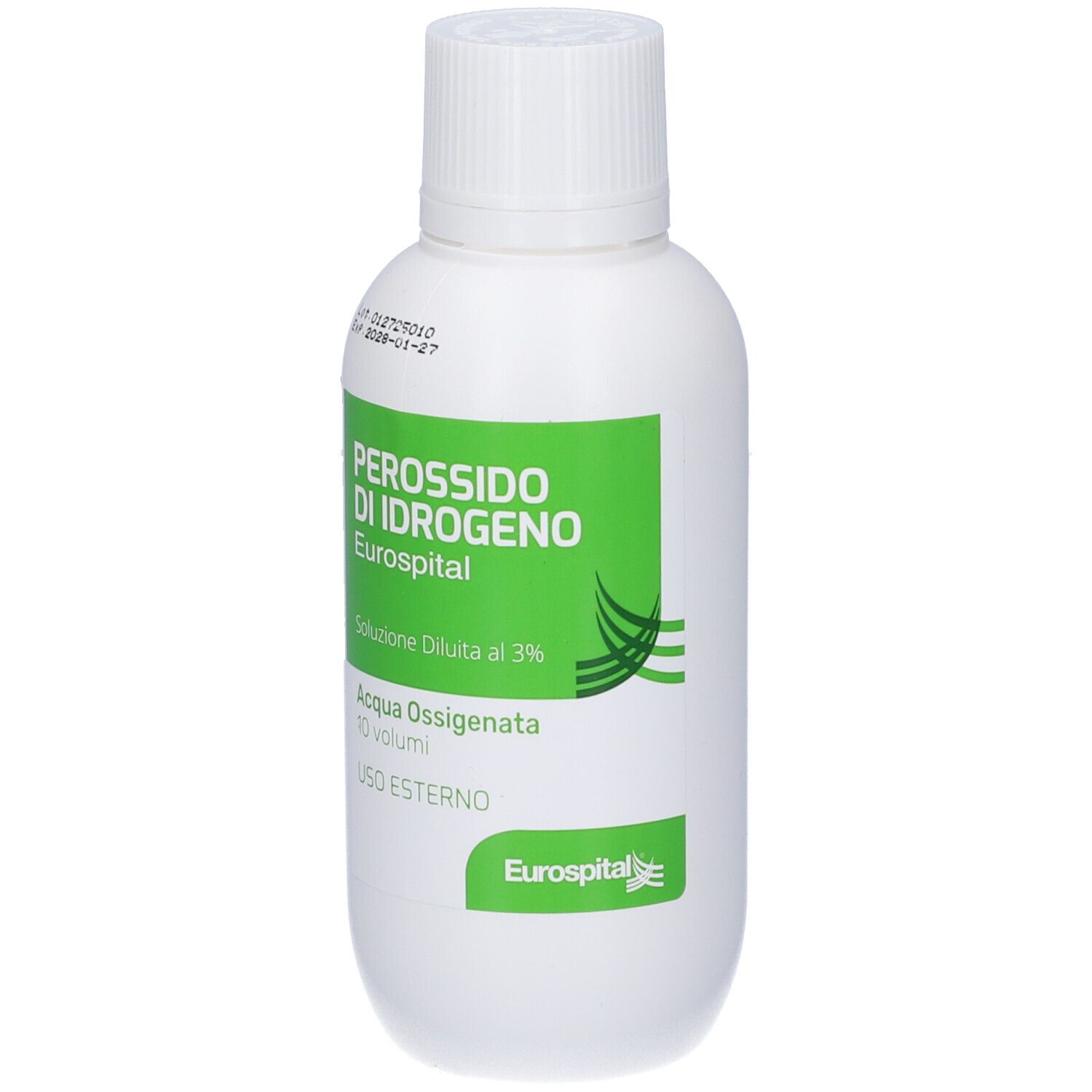 Flacone bianco con etichetta verde. Scritta: Perossido di Idrogeno, Eurospital, Acqua Ossigenata 10 volumi. Tappo in alto.