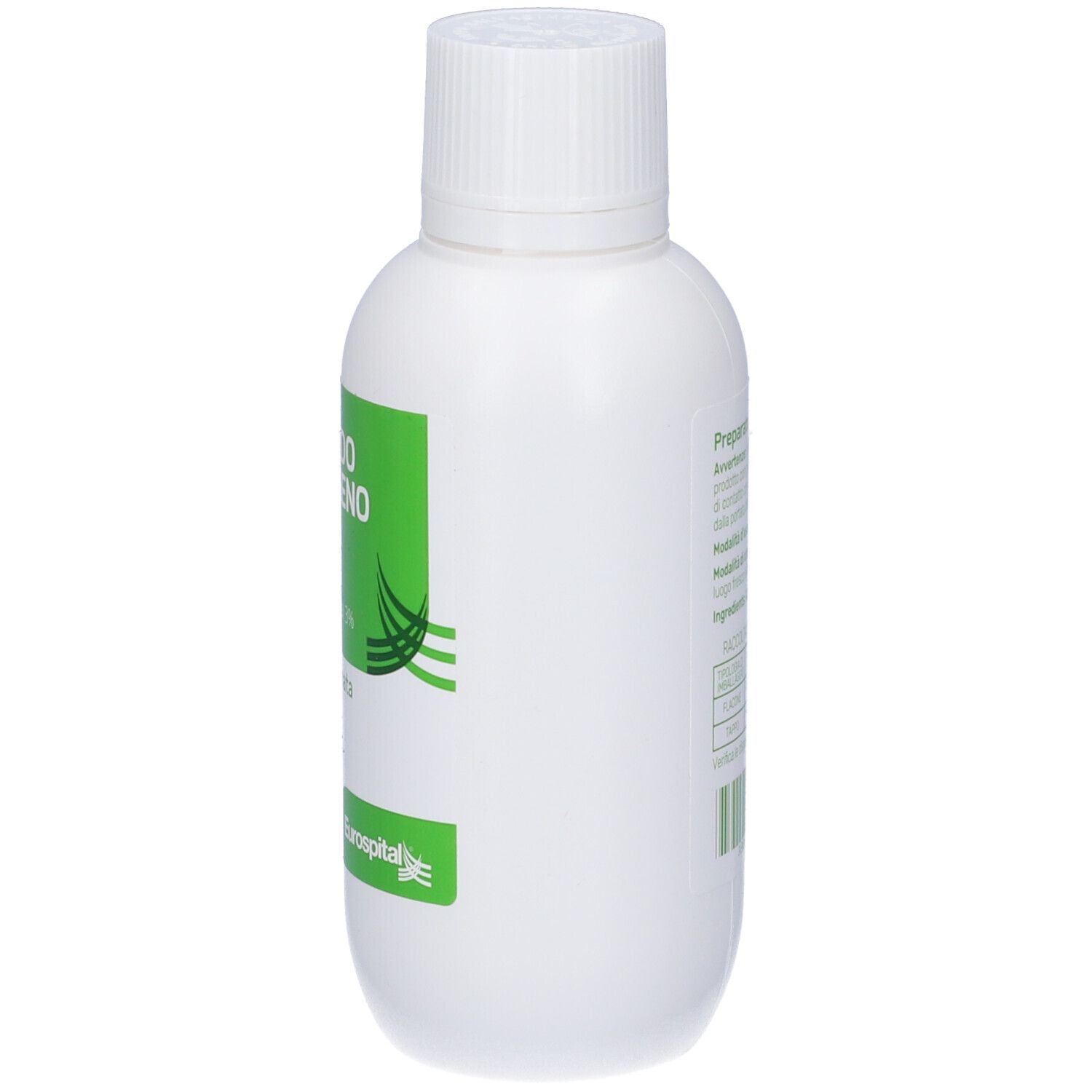 Flacone bianco, vista laterale. Etichetta verde con testo. Scritta: Perossido di Idrogeno, Eurospital. Testo in italiano.