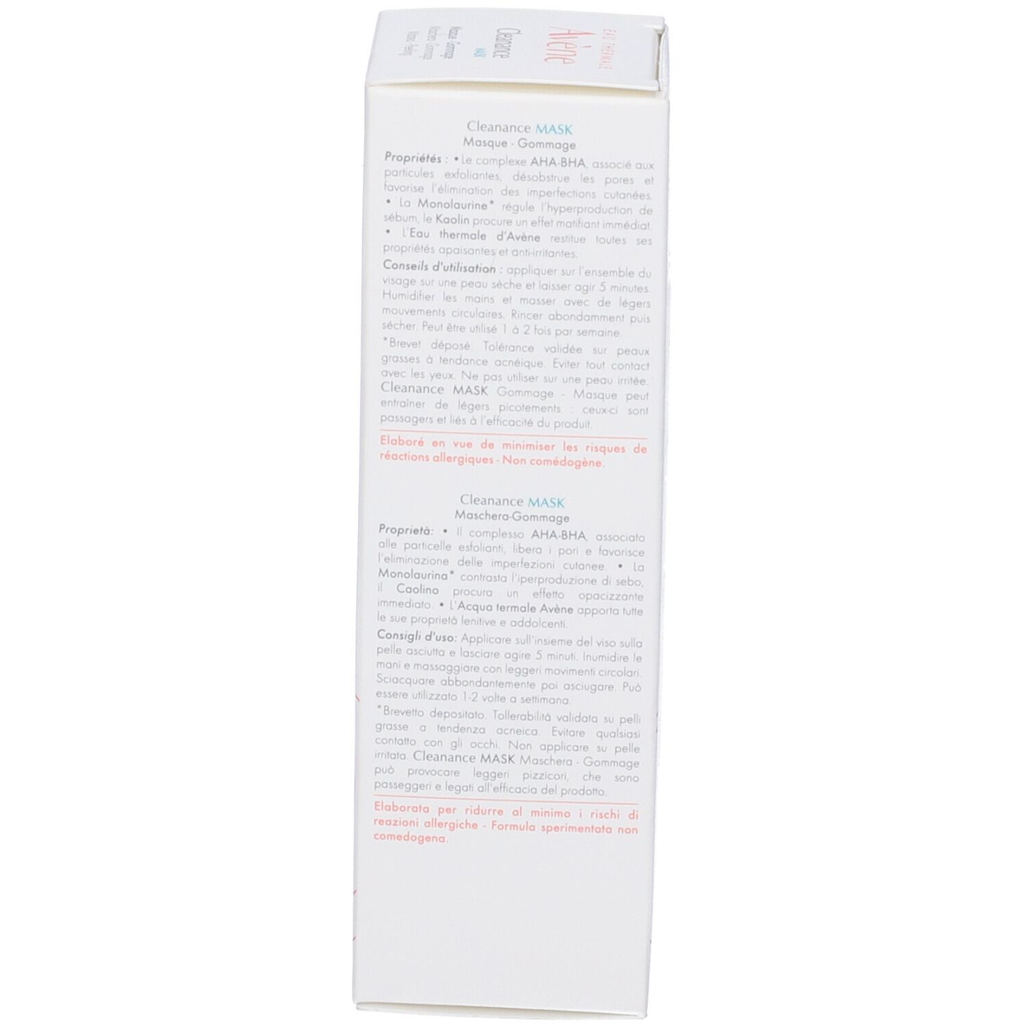 Confezione del prodotto: scatola. Testo: Cleanance MASK. Informazioni sull'uso e ingredienti.