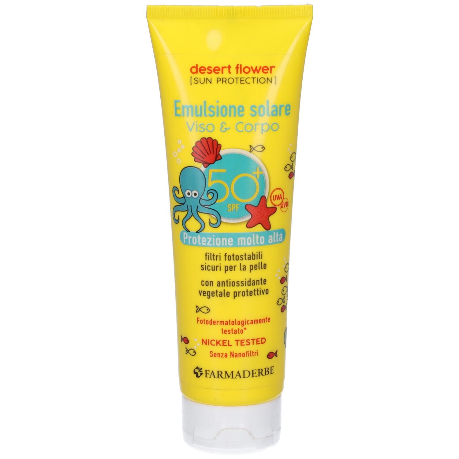 Tubo giallo di crema solare. Testo: Emulsione solare, SPF 50, Viso & Corpo. Illustrazioni marine. Marchio: Farmaderbe.
