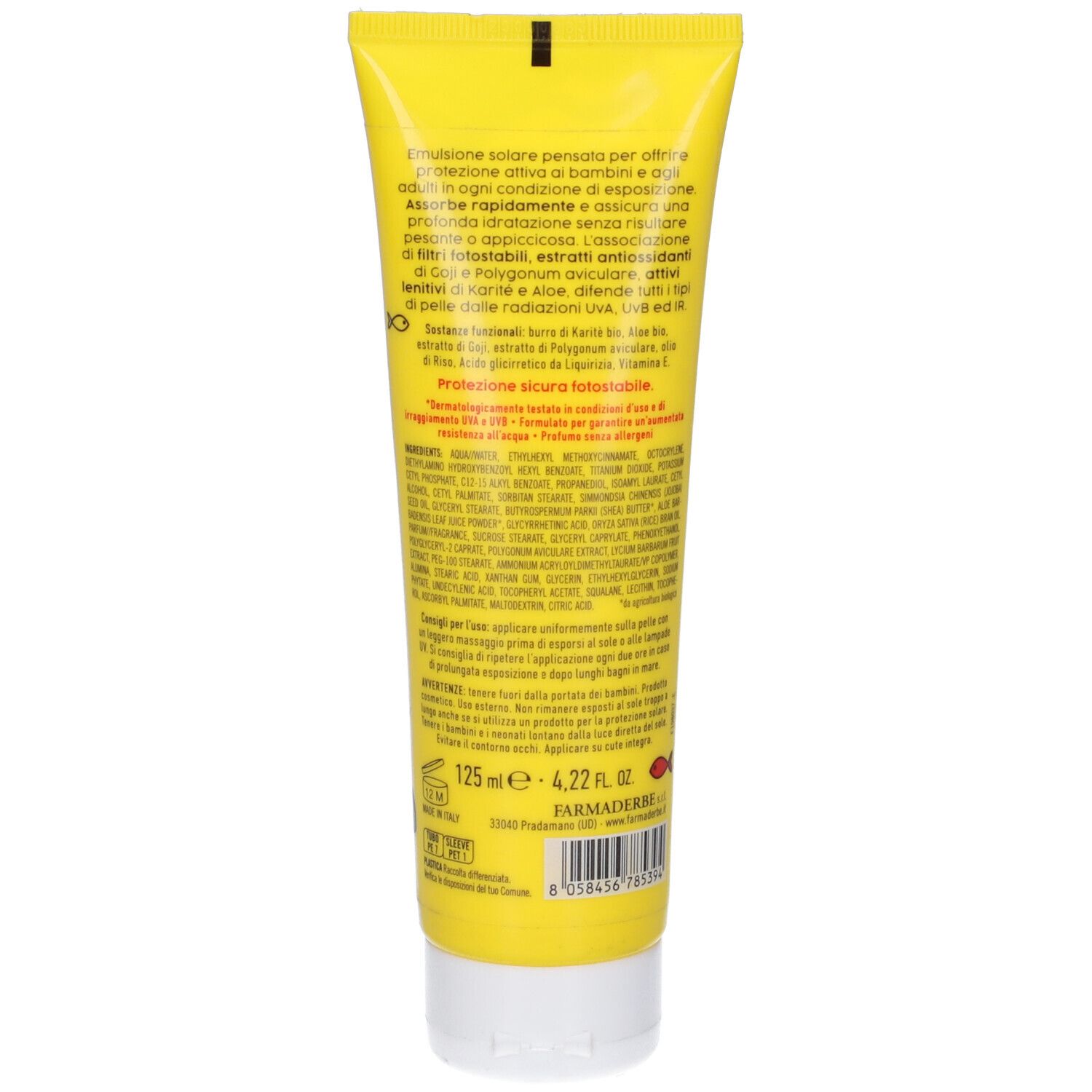 Retro di un tubo giallo di crema solare. Testo: Ingredienti, istruzioni per l'uso. Volume: 125 ml. Marchio: Farmaderbe.
