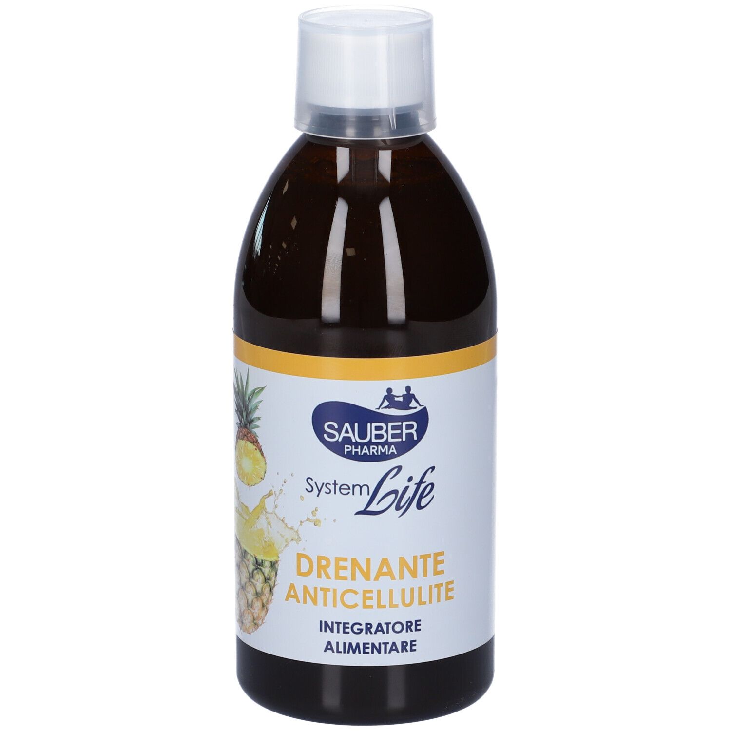 Liquido marrone in bottiglia con tappo bianco. Scritta: Drenante Anticellulite, Integratore Alimentare. Illustrazione di ananas.