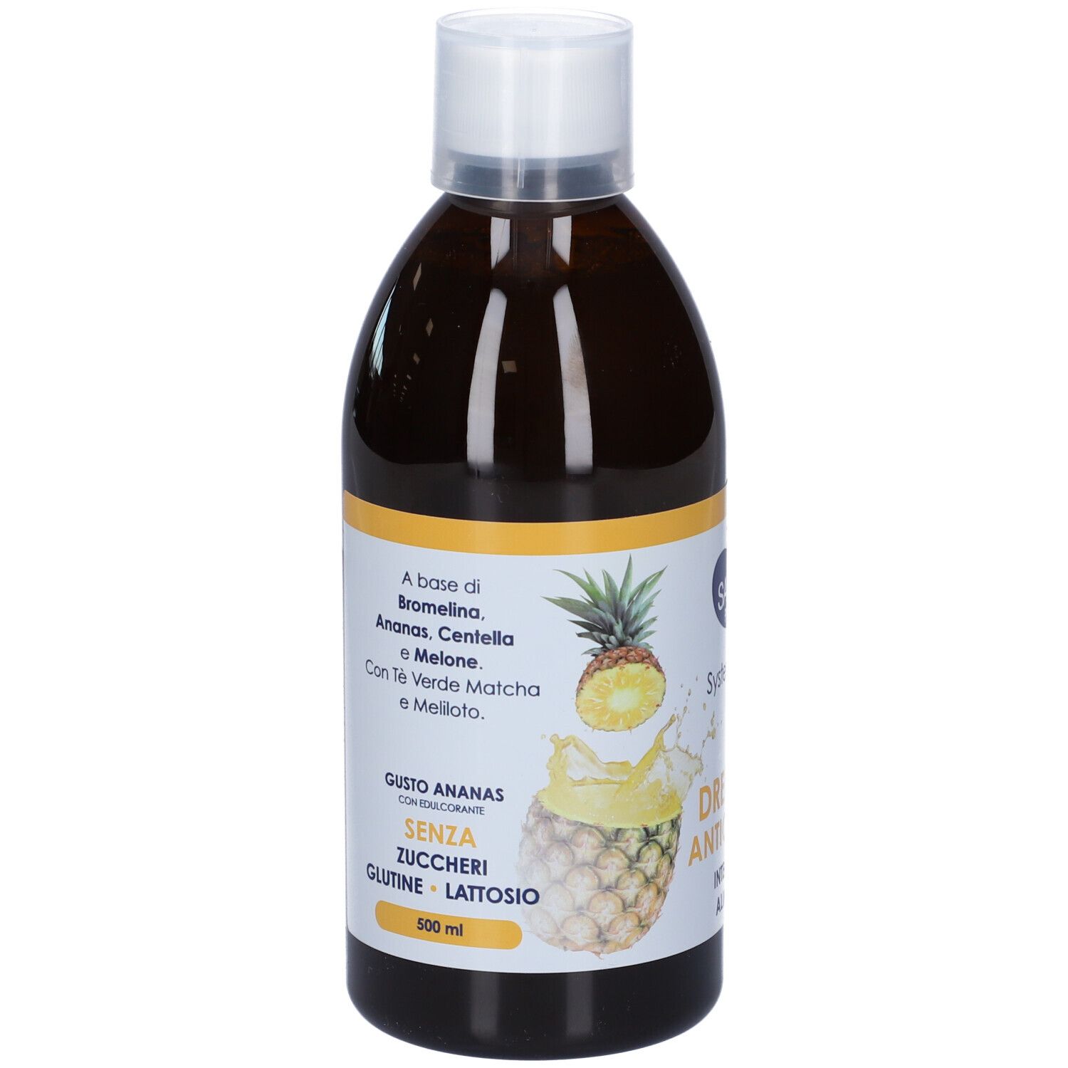 Liquido marrone in bottiglia con tappo bianco. Scritta: Drenante Anticellulite, Integratore Alimentare. Retro con testo.
