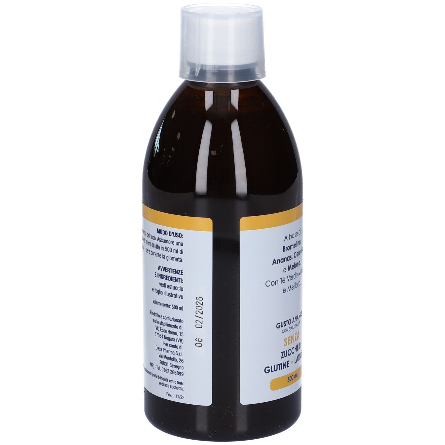 Liquido marrone in bottiglia con tappo bianco. Scritta: Drenante Anticellulite, Integratore Alimentare. Retro con testo.