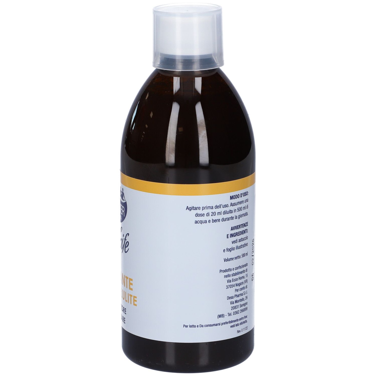 Liquido marrone in bottiglia con tappo bianco. Scritta: Drenante Anticellulite, Integratore Alimentare. Retro con testo.